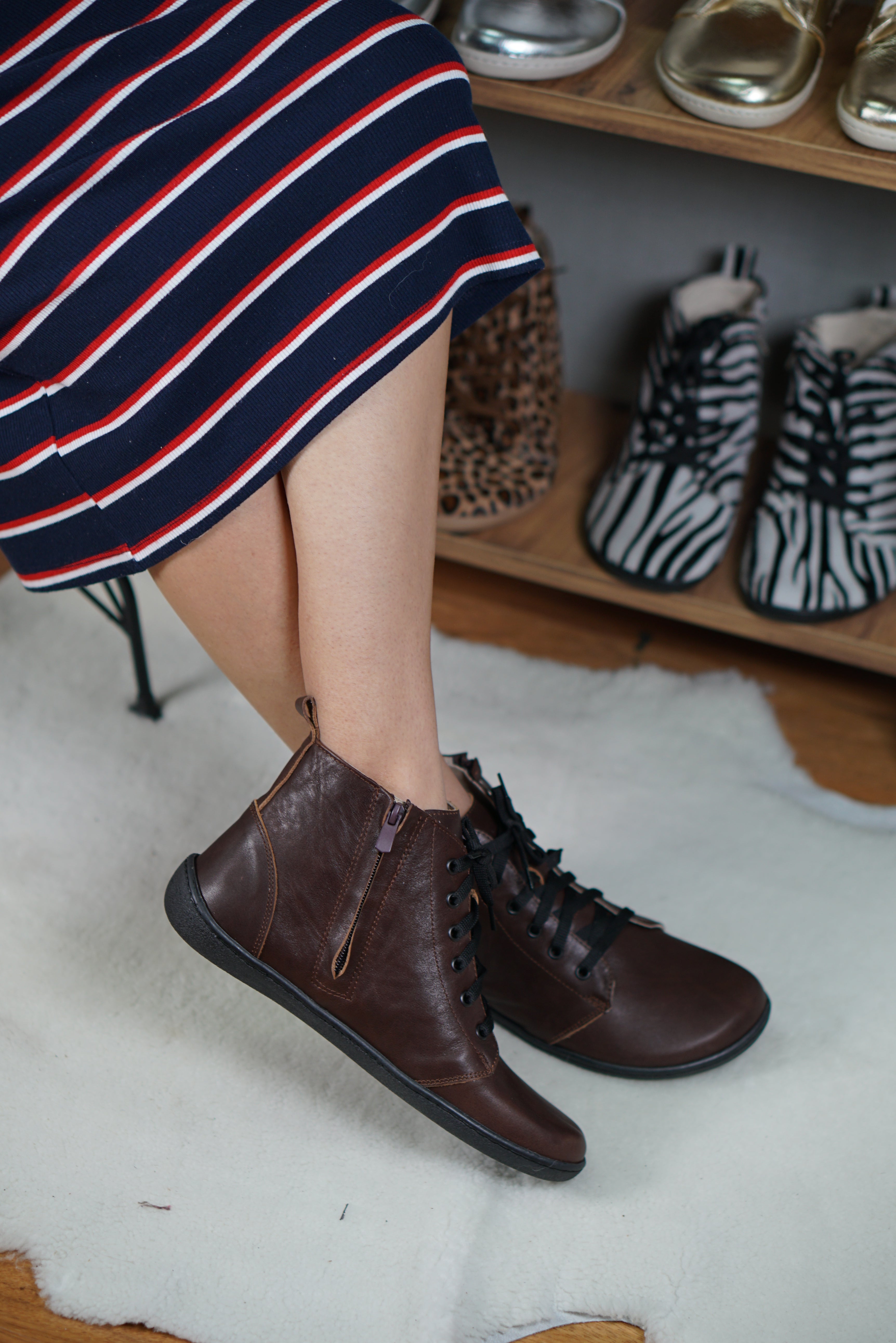 Dark Brown Short Boots Wide Barefoot Shoes Smooth Leather Handmade 6mm Rubber Outsole 