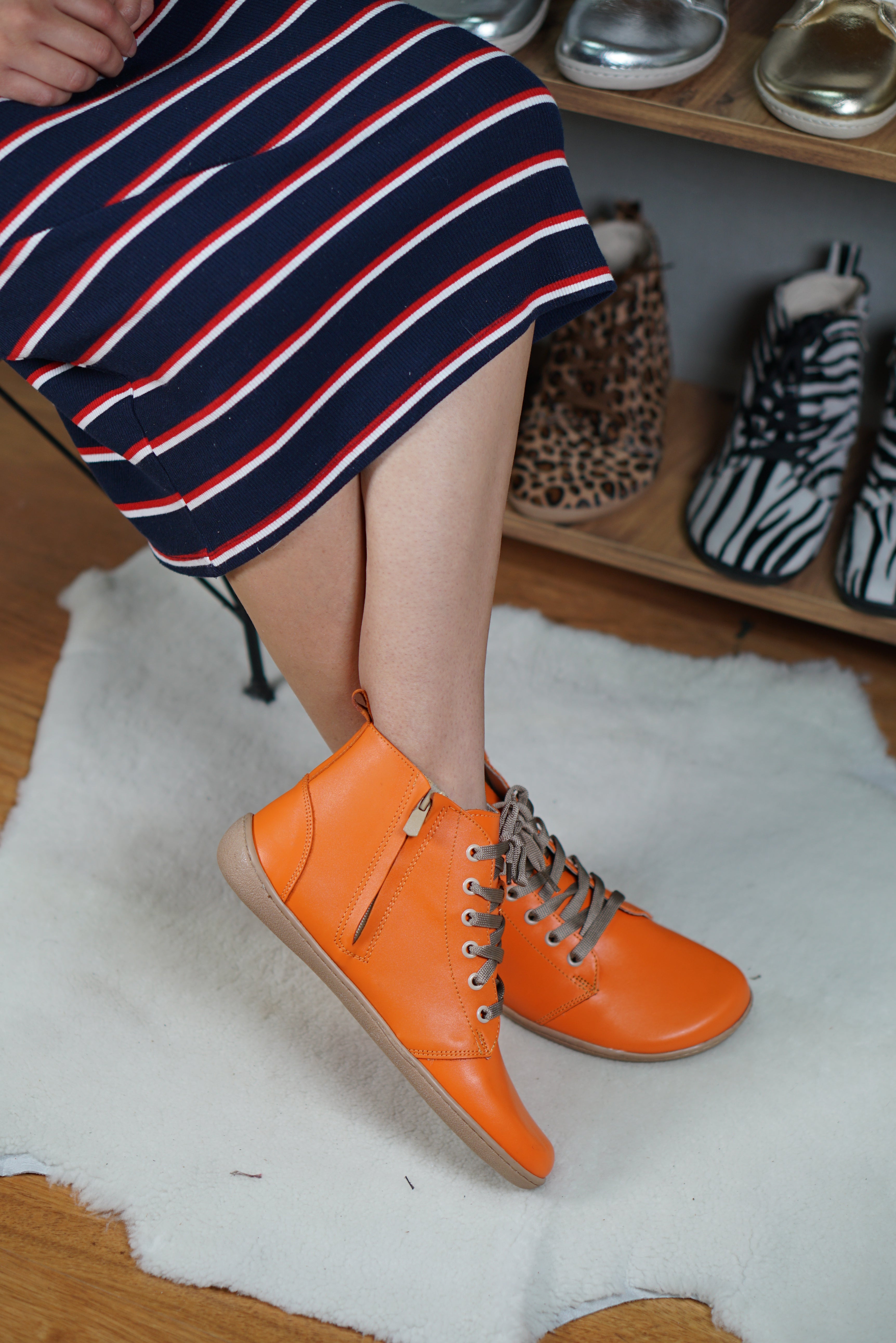 Orange Short Boots Wide Barefoot Shoes Smooth Leather Handmade 6mm Rubber Outsole 