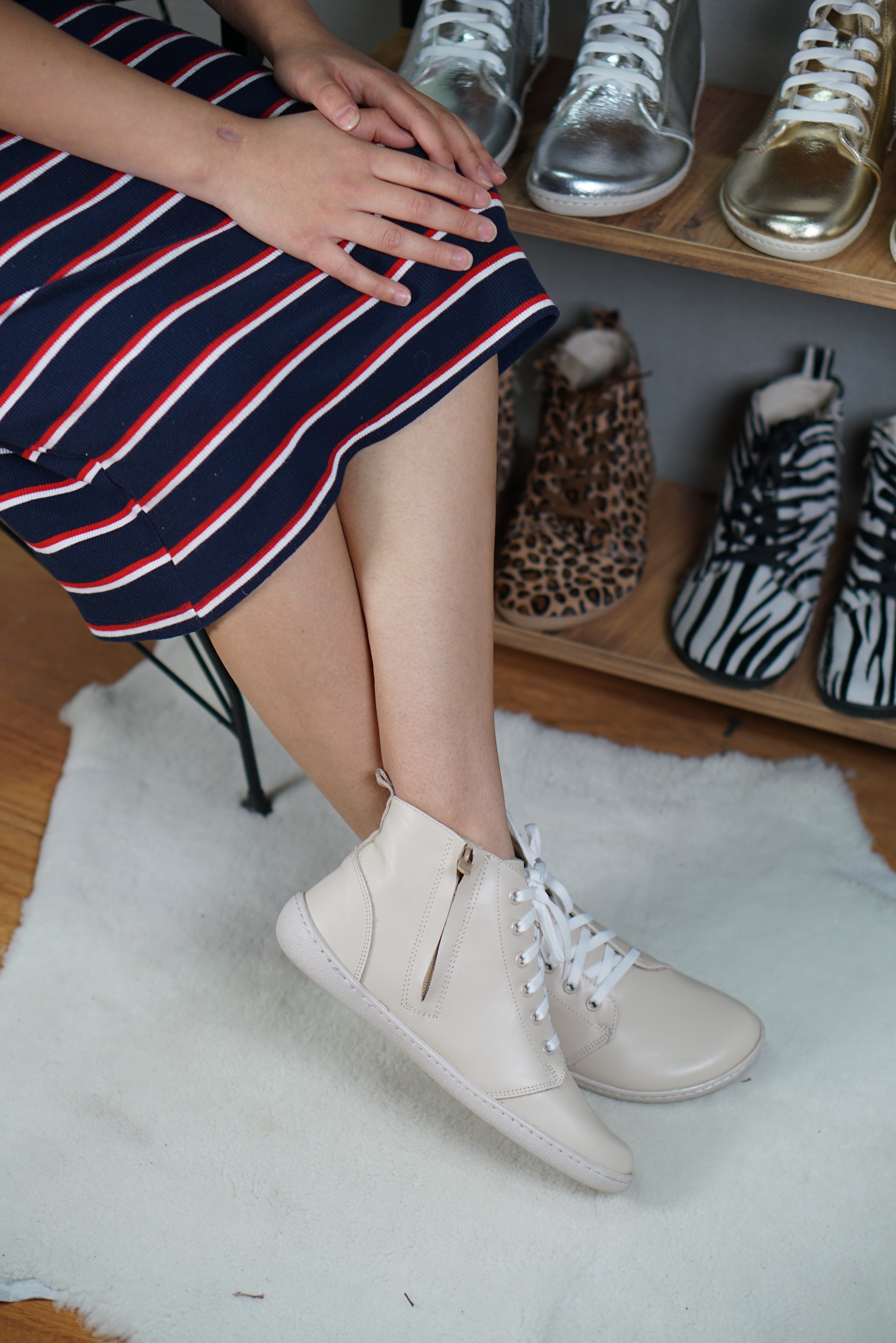 Cream Short Boots Wide Barefoot Shoes Smooth Leather Handmade 6mm Rubber Outsole 