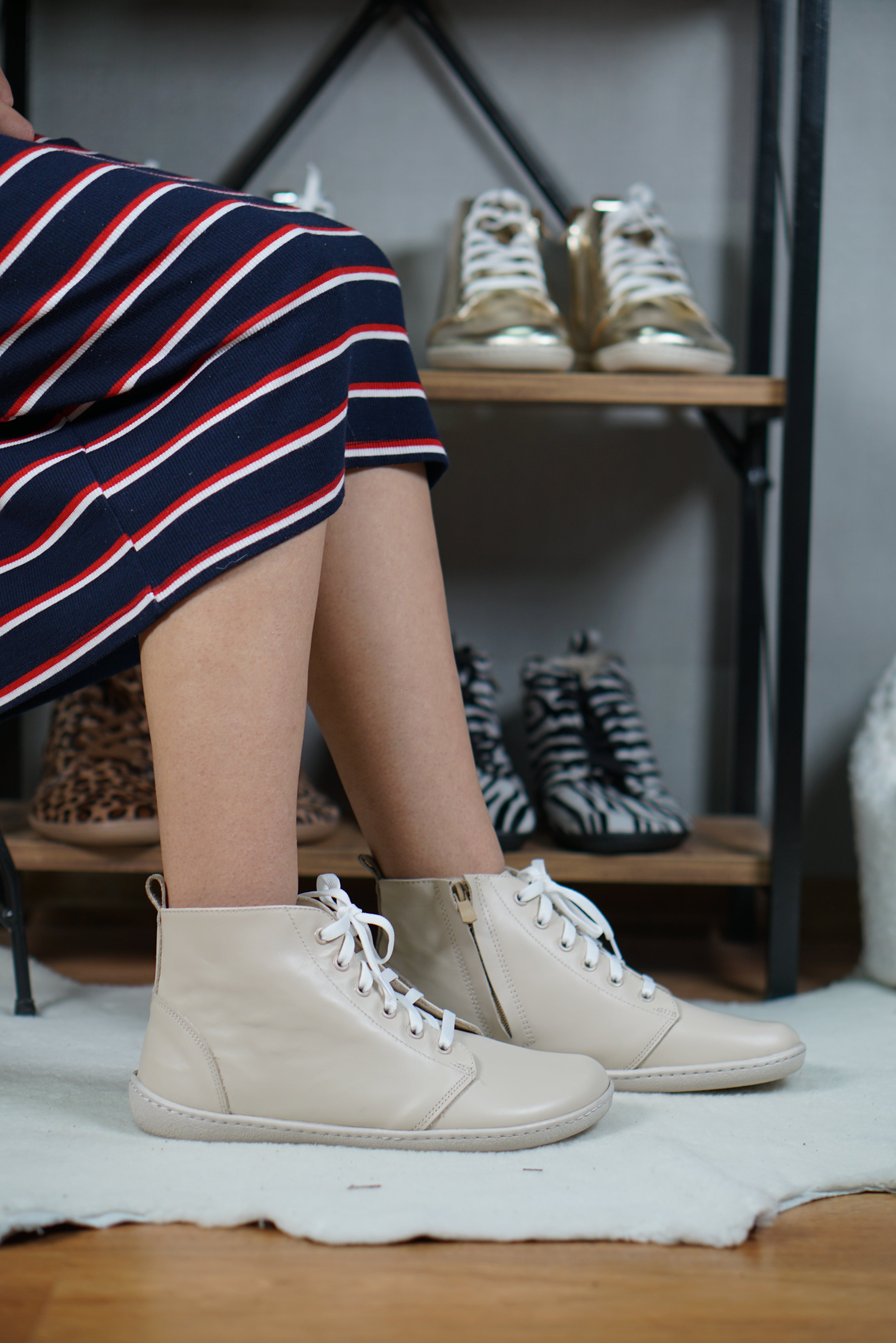 Cream Short Boots Wide Barefoot Shoes Smooth Leather Handmade 6mm Rubber Outsole 