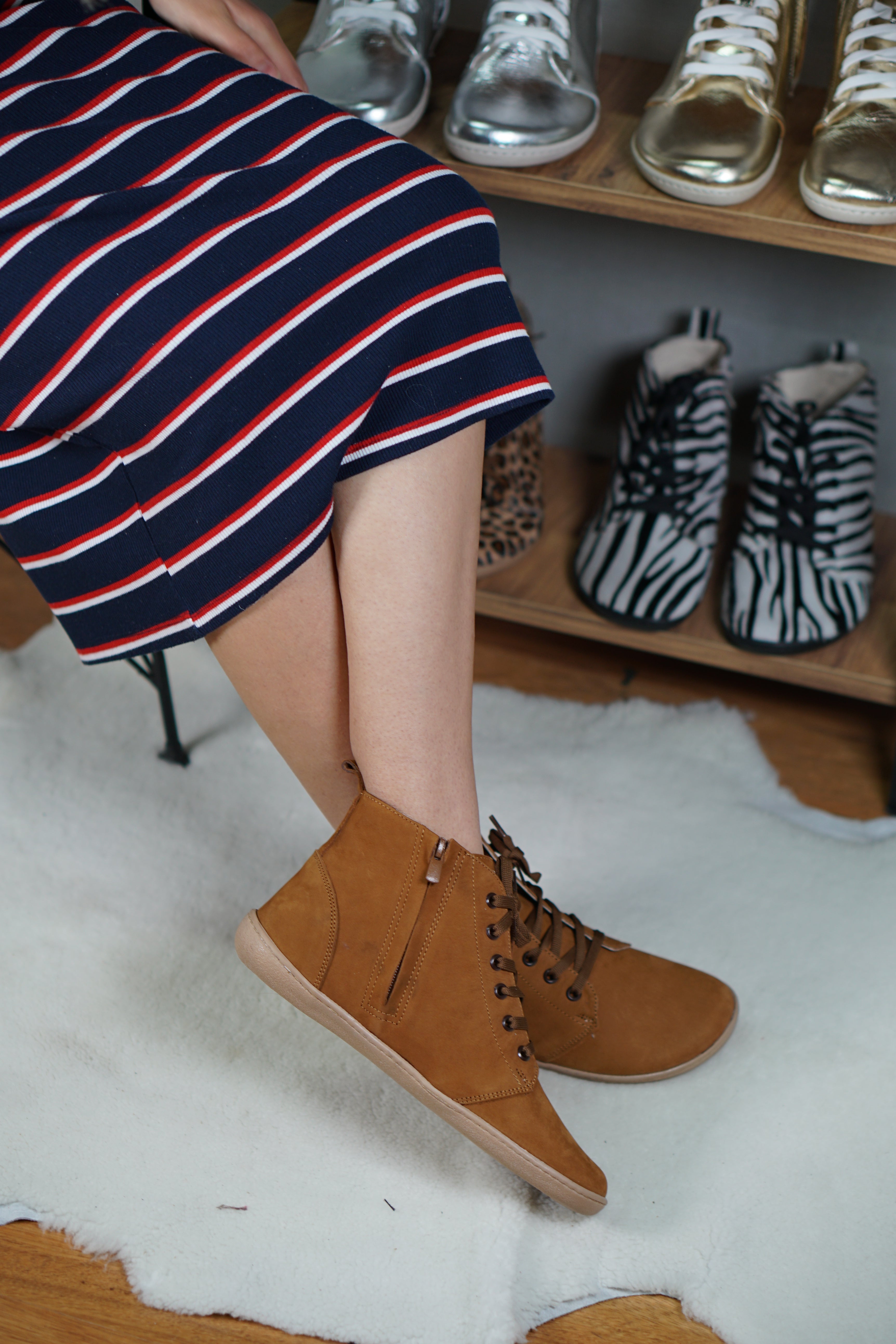 Tan Short Boots Wide Barefoot Shoes Nubuck Leather Handmade Rubber Outsole 