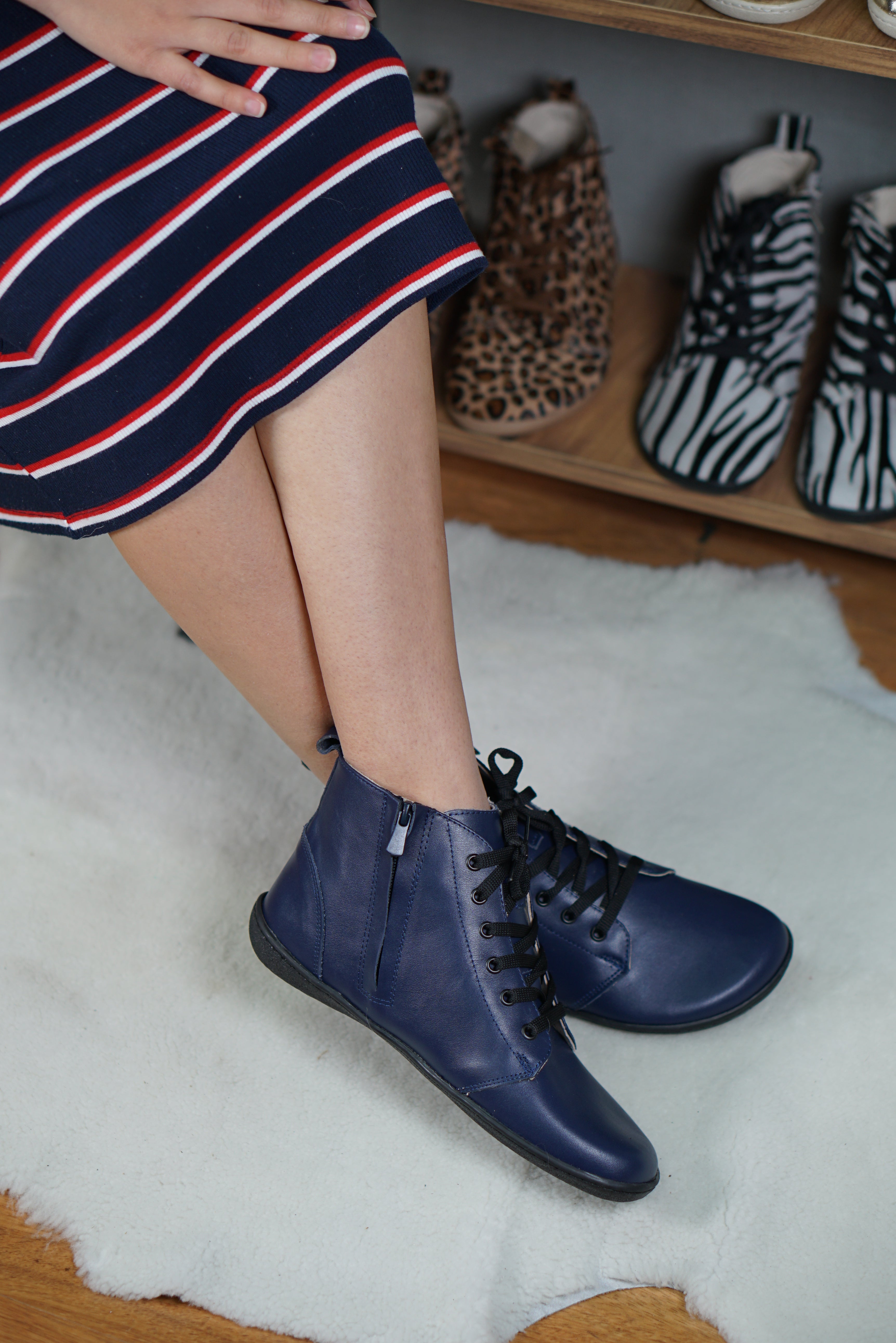 Navy Blue Short Boots Wide Barefoot Shoes Smooth Leather Handmade 6mm Rubber Outsole 