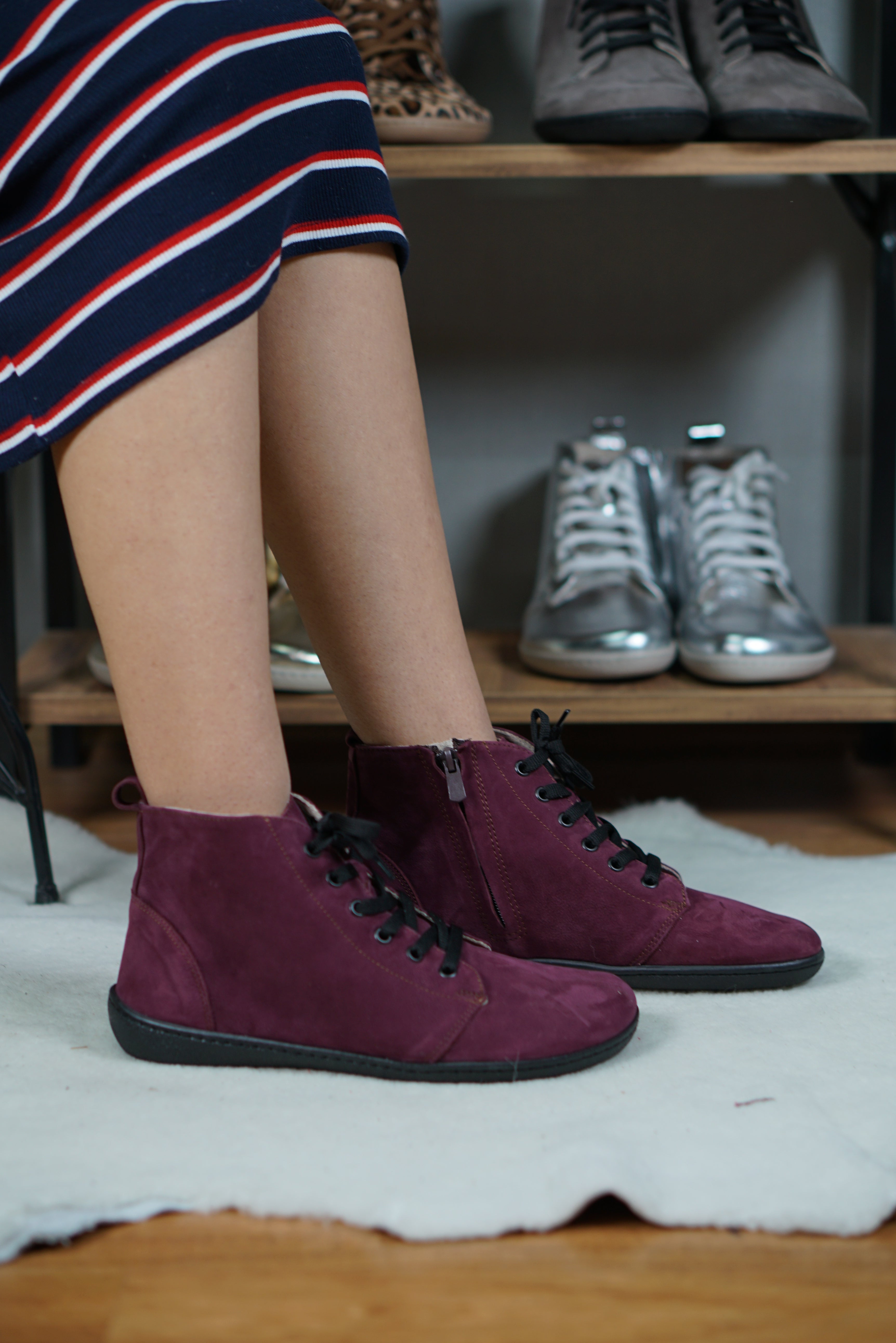 Burgundy Short Boots Wide Barefoot Shoes Nubuck Leather Handmade Rubber Outsole 