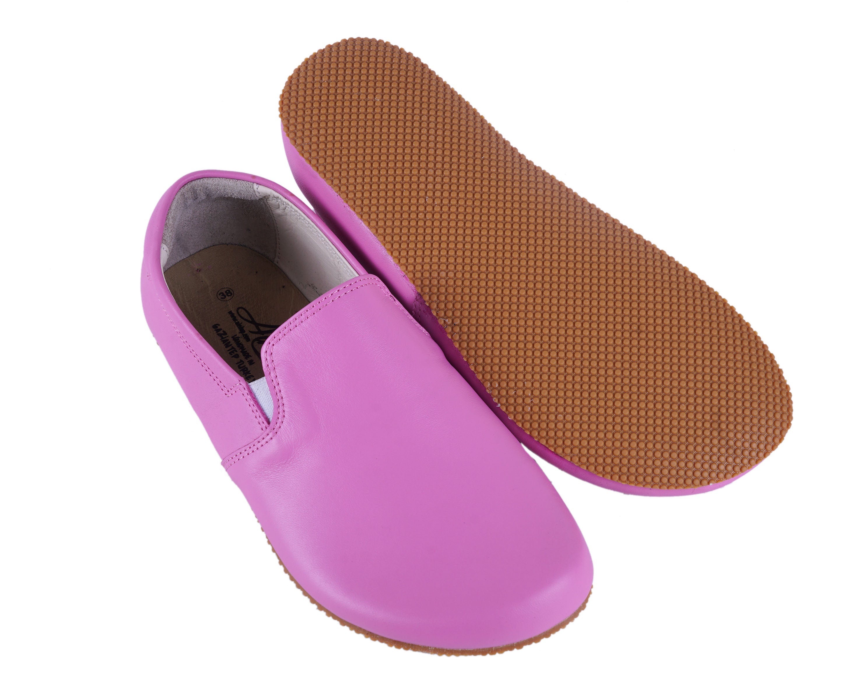 Pink Slip-On Wide Barefoot Shoes Smooth Leather Handmade 4mm Rubber Outsole 
