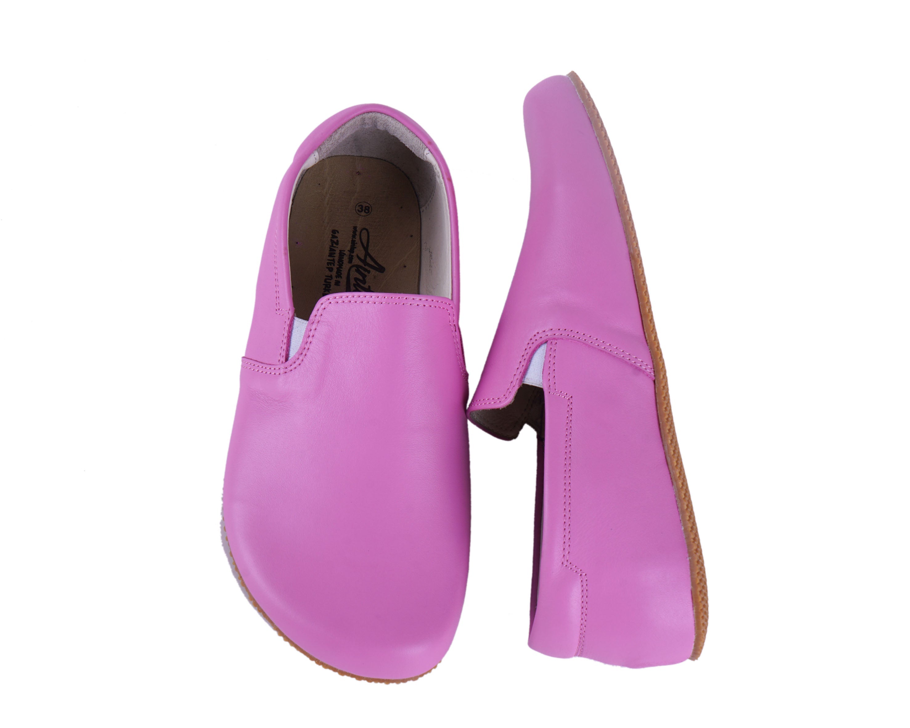 Pink Slip-On Wide Barefoot Shoes Smooth Leather Handmade 4mm Rubber Outsole 