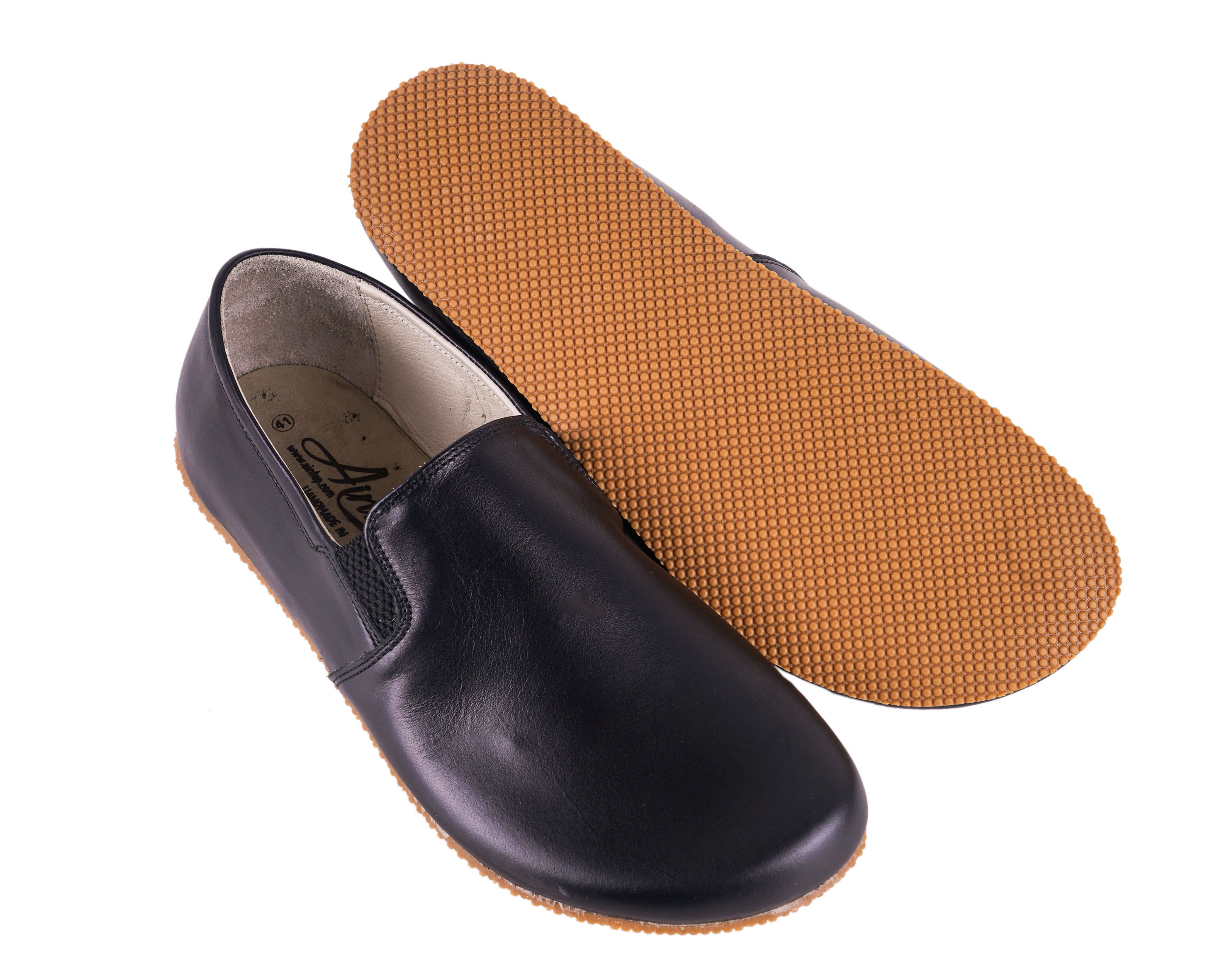 Black Slip-On Wide Barefoot Shoes Smooth Leather Handmade 4mm Rubber Outsole