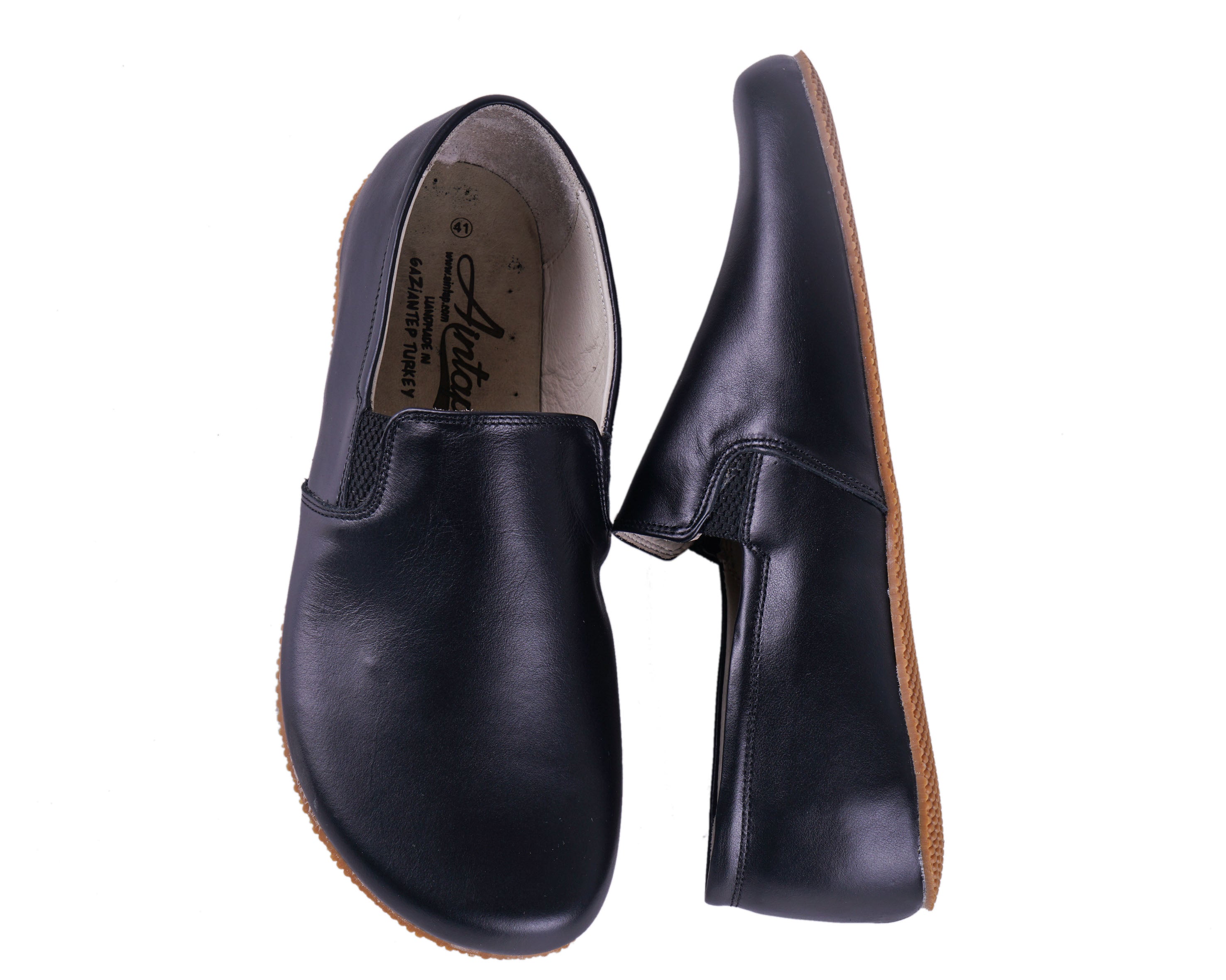 Black Slip-On Wide Barefoot Shoes Smooth Leather Handmade 4mm Rubber Outsole