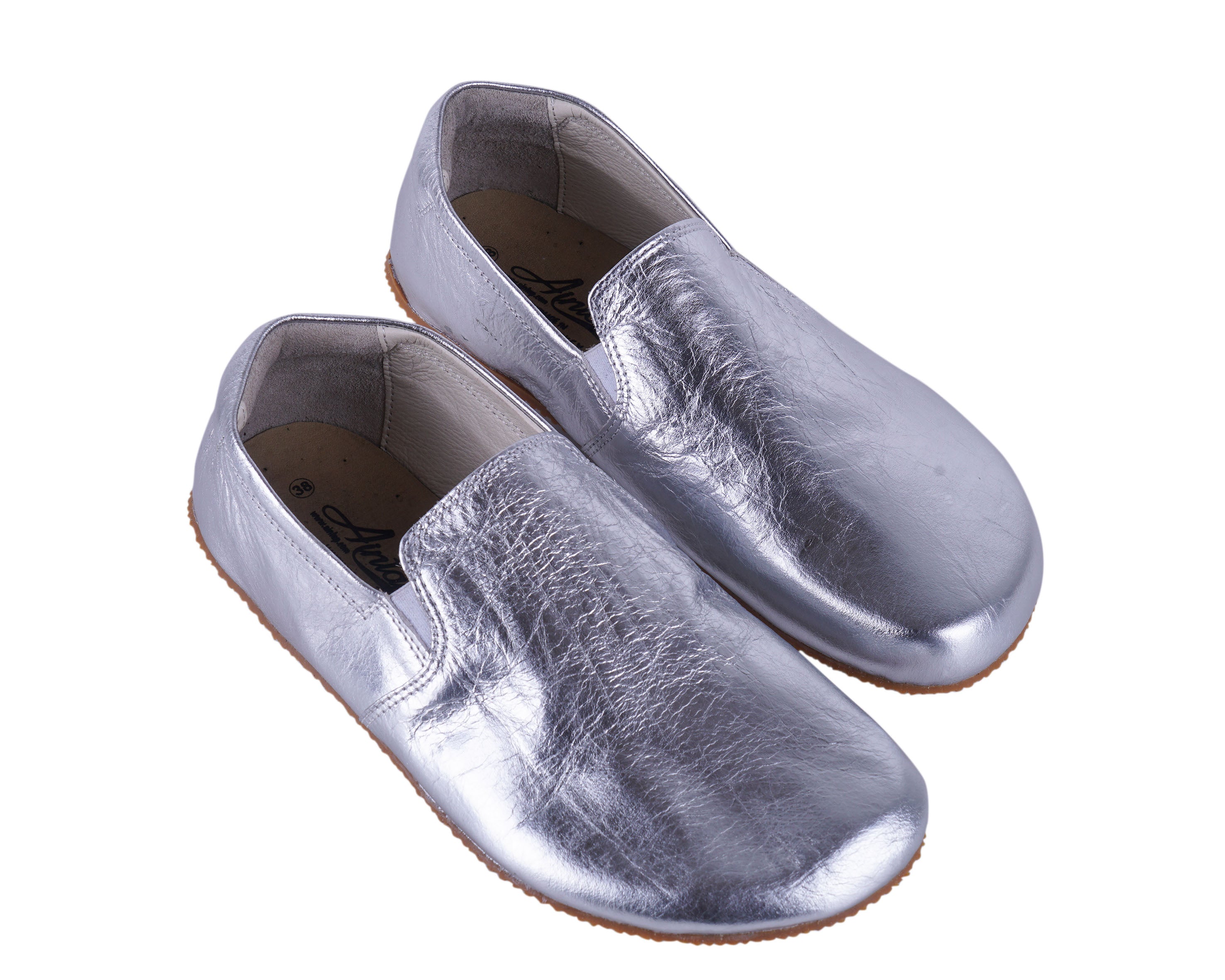 Sılver Slip-On Wide Barefoot Shoes Smooth Leather Handmade 4mm Rubber Outsole