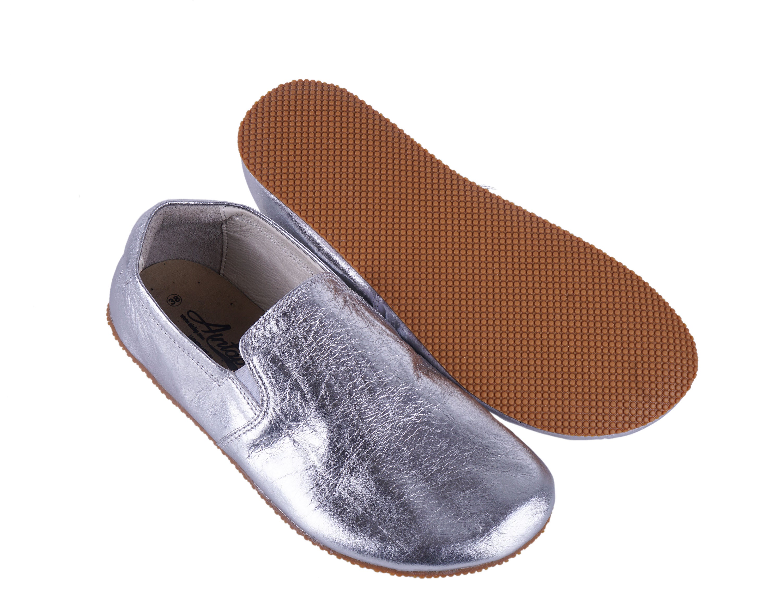 Sılver Slip-On Wide Barefoot Shoes Smooth Leather Handmade 4mm Rubber Outsole