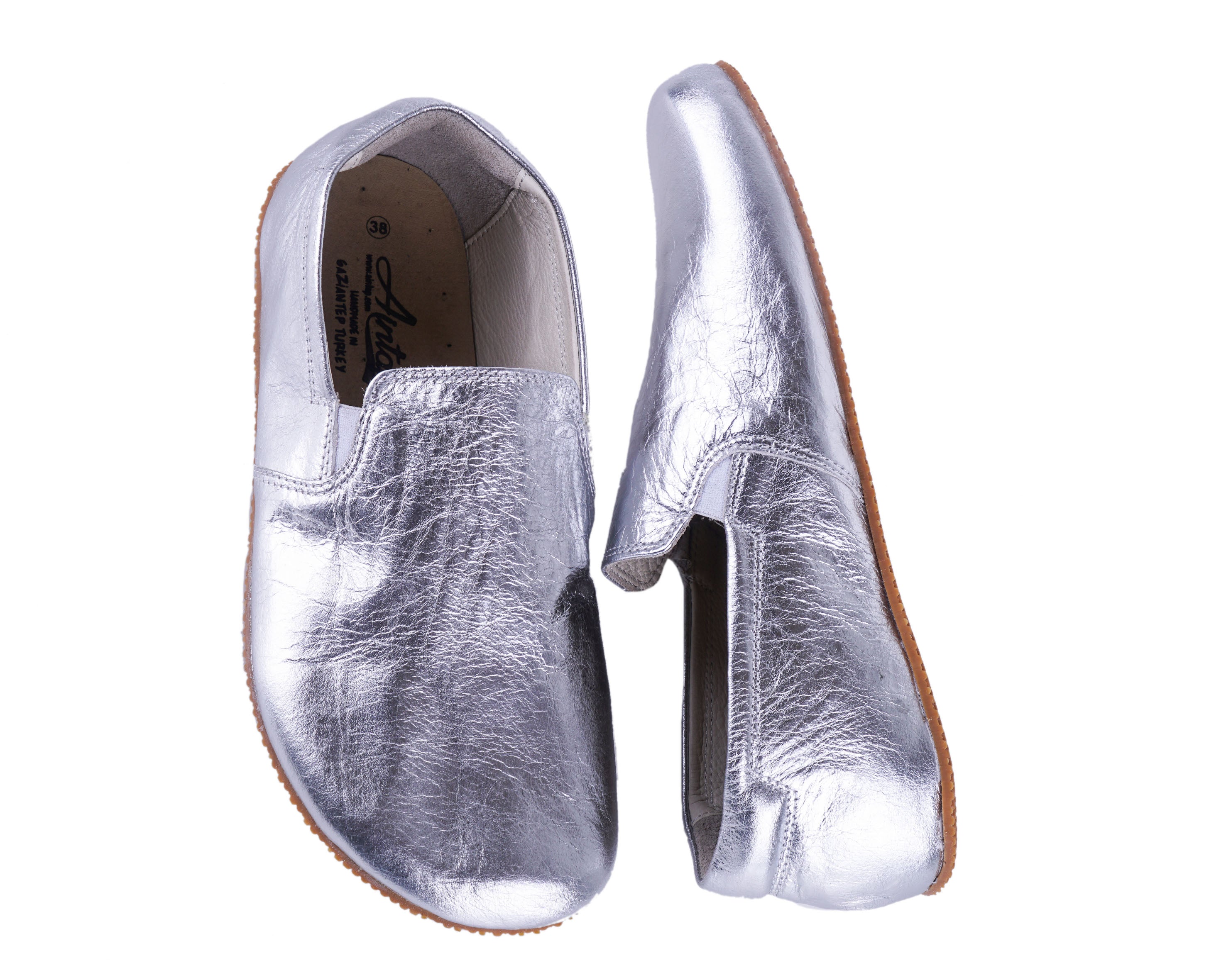 Sılver Slip-On Wide Barefoot Shoes Smooth Leather Handmade 4mm Rubber Outsole 