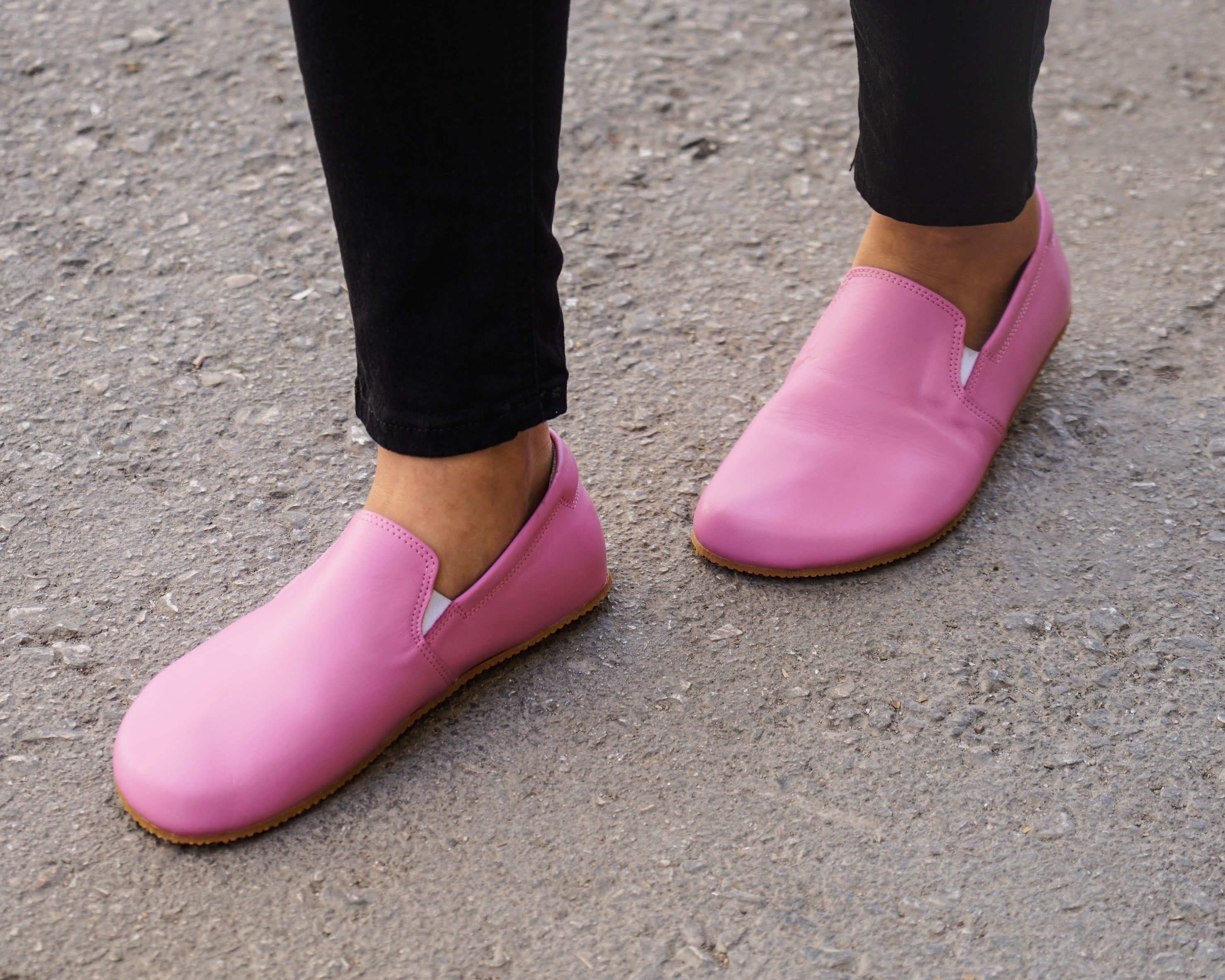 Pink Slip-On Wide Barefoot Shoes Smooth Leather Handmade 4mm Rubber Outsole 