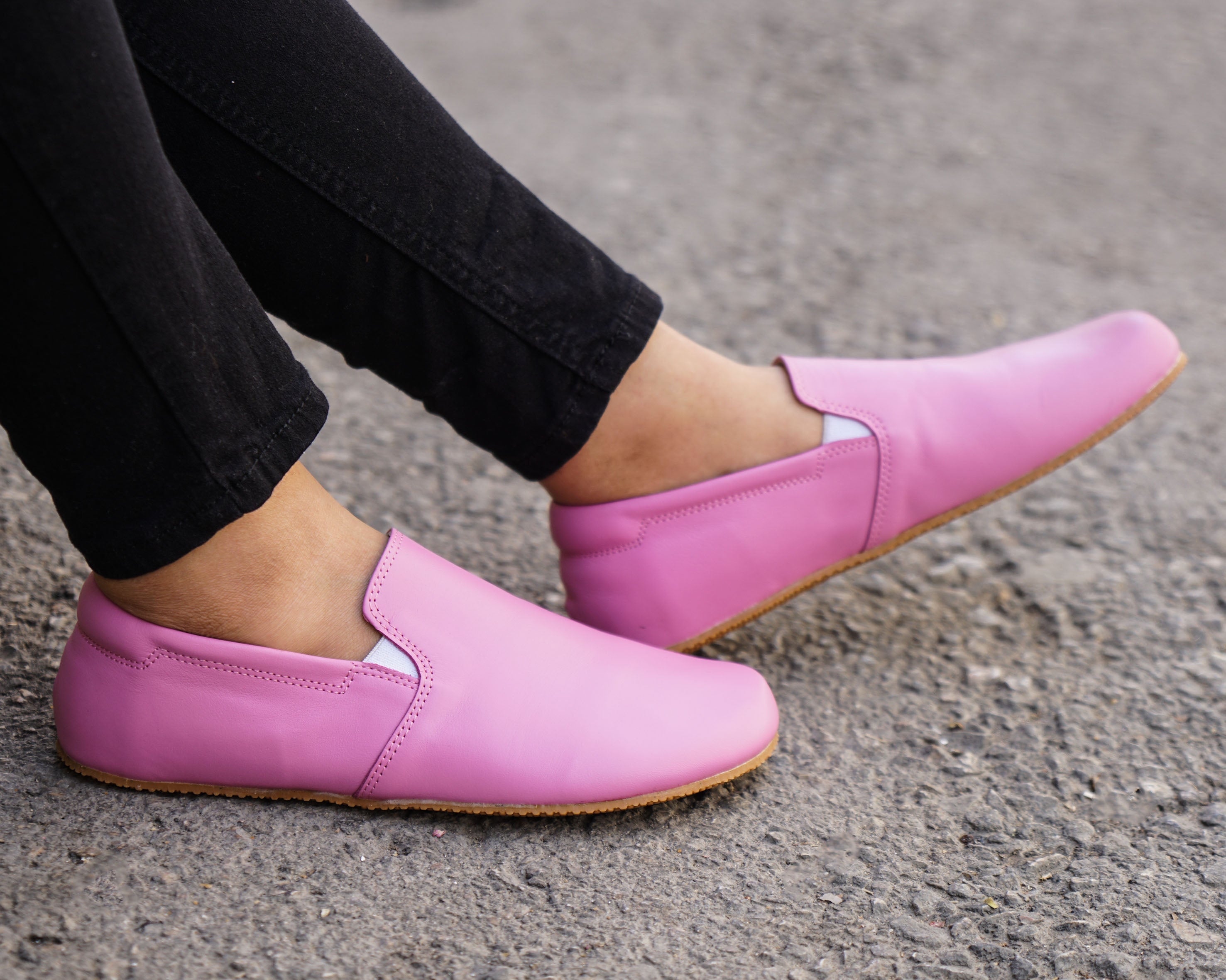 Pink Slip-On Wide Barefoot Shoes Smooth Leather Handmade 4mm Rubber Outsole 