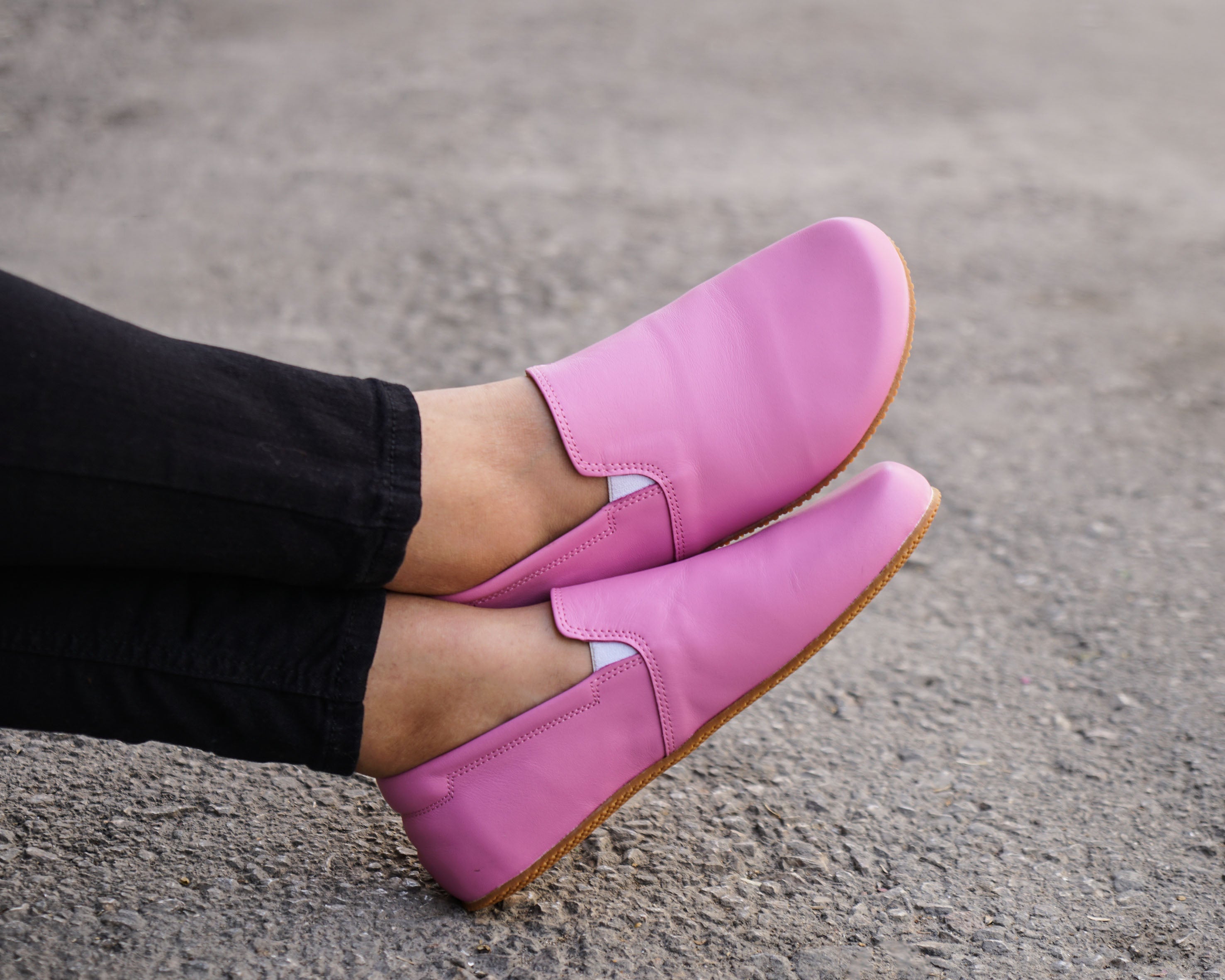 Pink Slip-On Wide Barefoot Shoes Smooth Leather Handmade 4mm Rubber Outsole 
