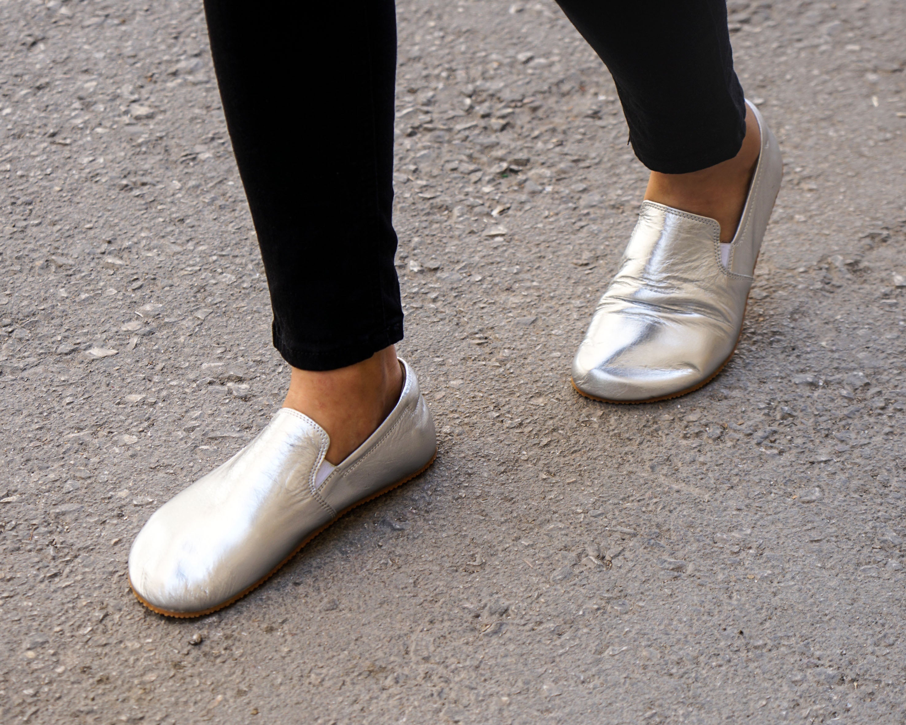 Sılver Slip-On Wide Barefoot Shoes Smooth Leather Handmade 4mm Rubber Outsole 