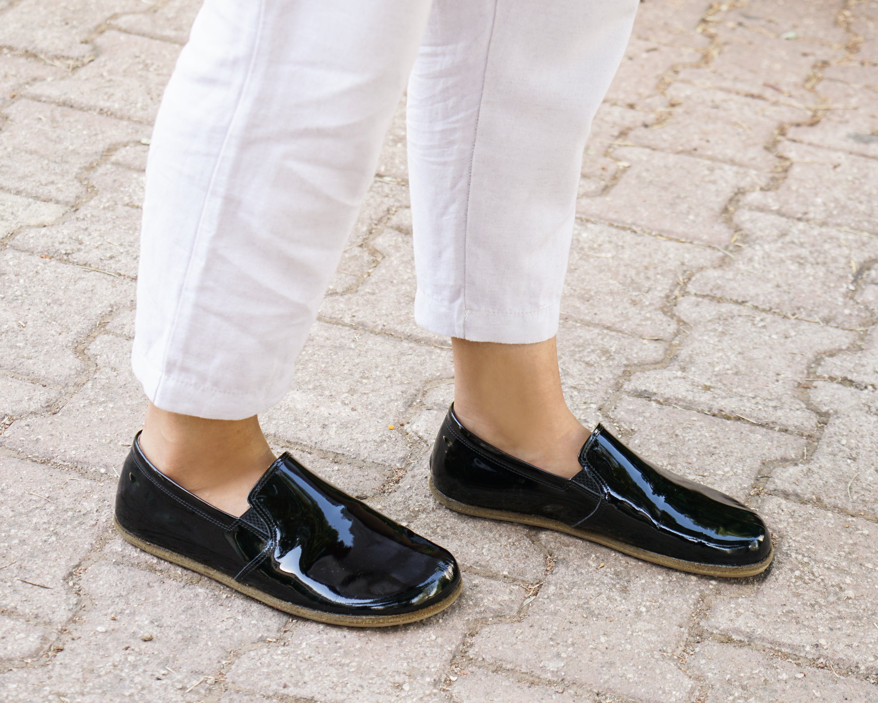 Black Slip-On Wide Barefoot Patent Leather Handmade Shoes