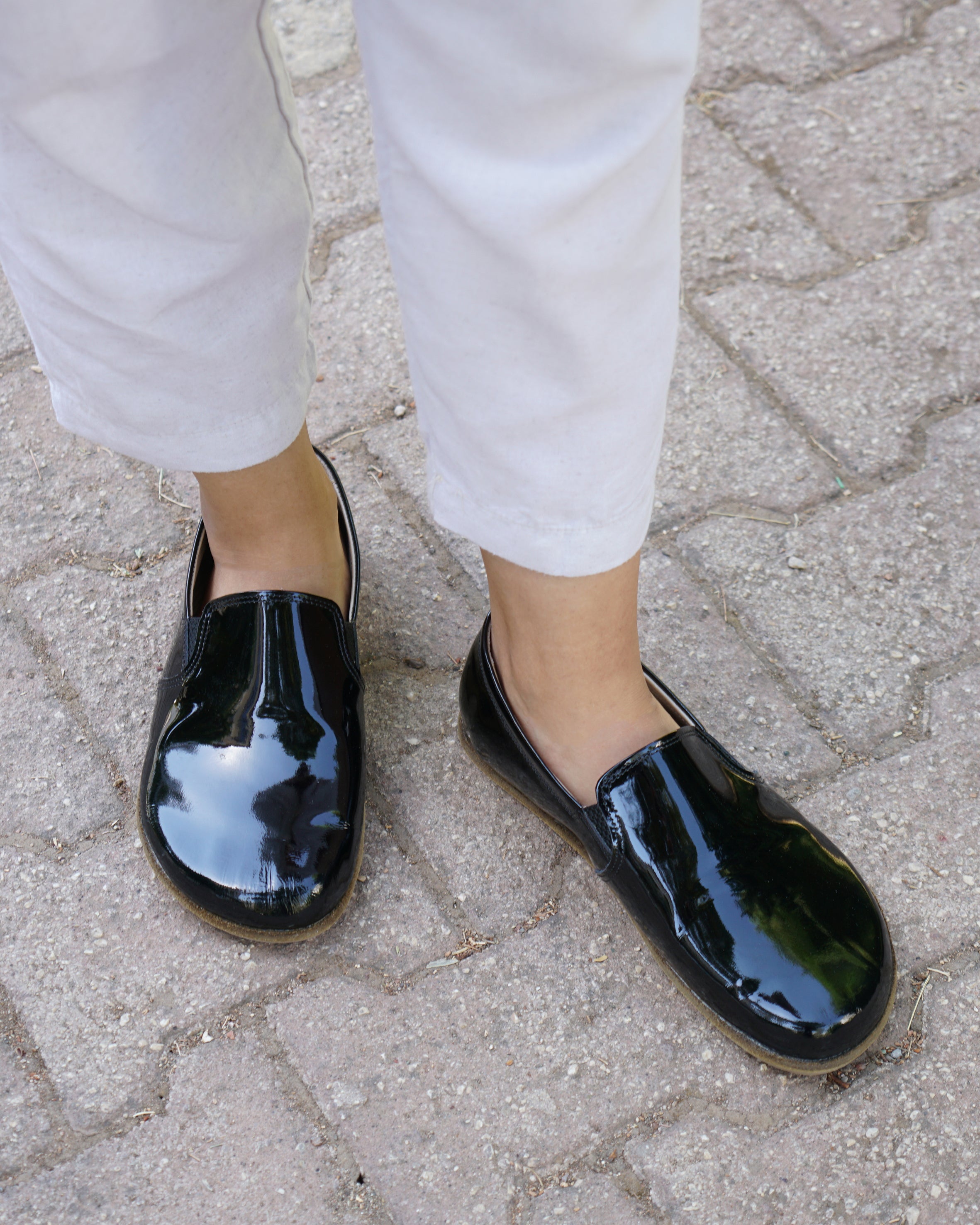 Black Slip-On Wide Barefoot Patent Leather Handmade Shoes