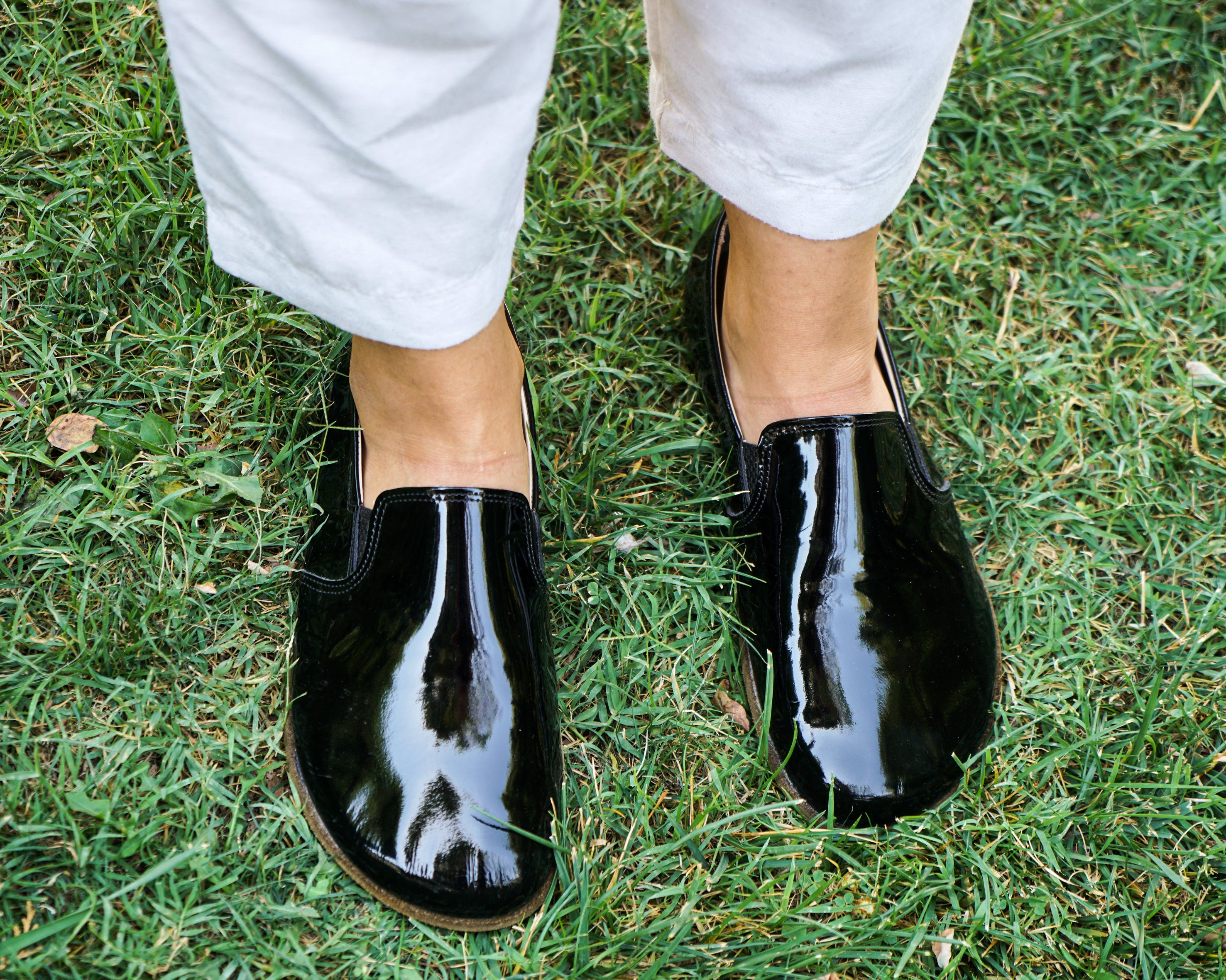 Black Slip-On Wide Barefoot Patent Leather Handmade Shoes