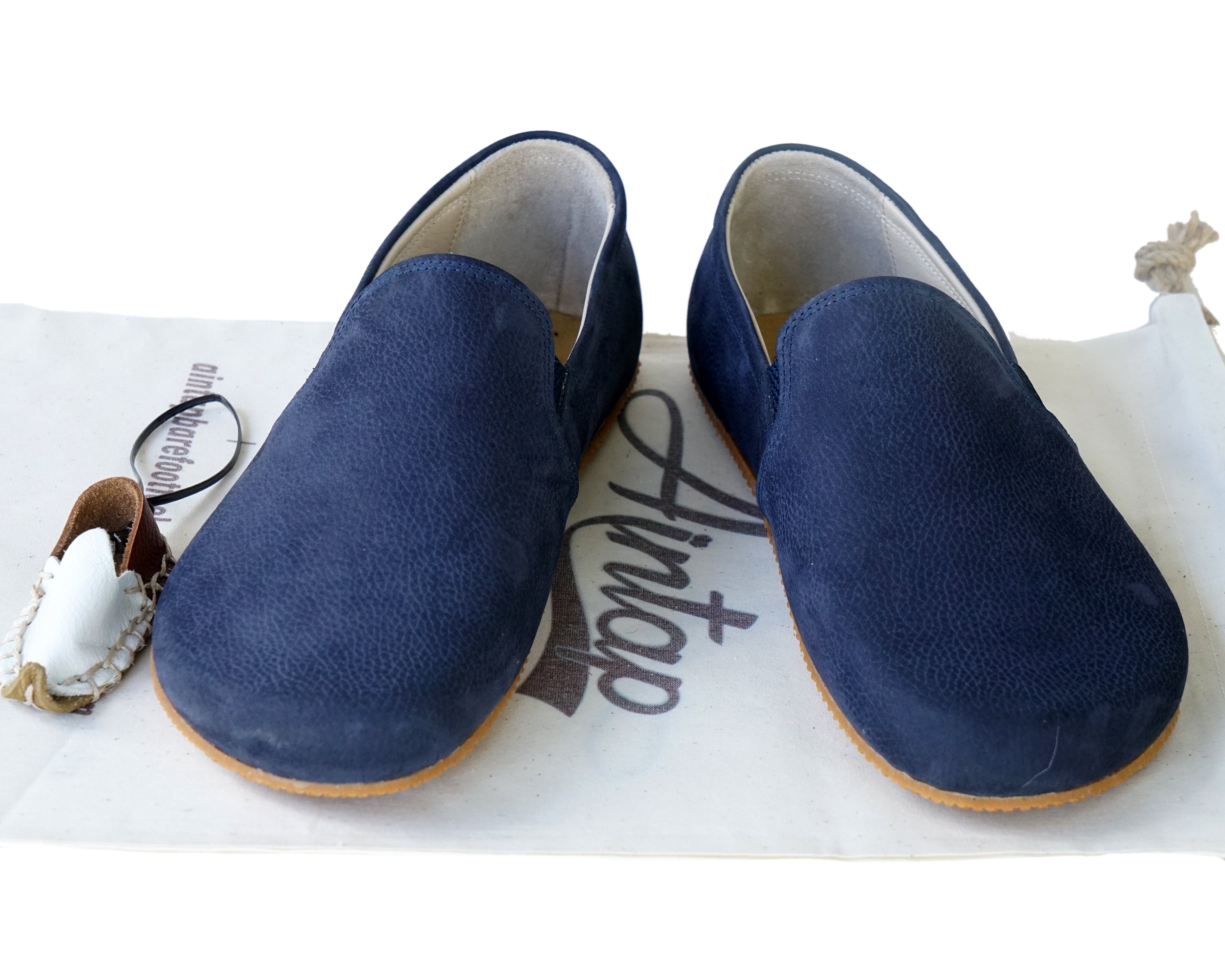 Navy Blue Slip-On Wide Barefoot Shoes Nubuck Leather Handmade 4mm Rubber Outsole 