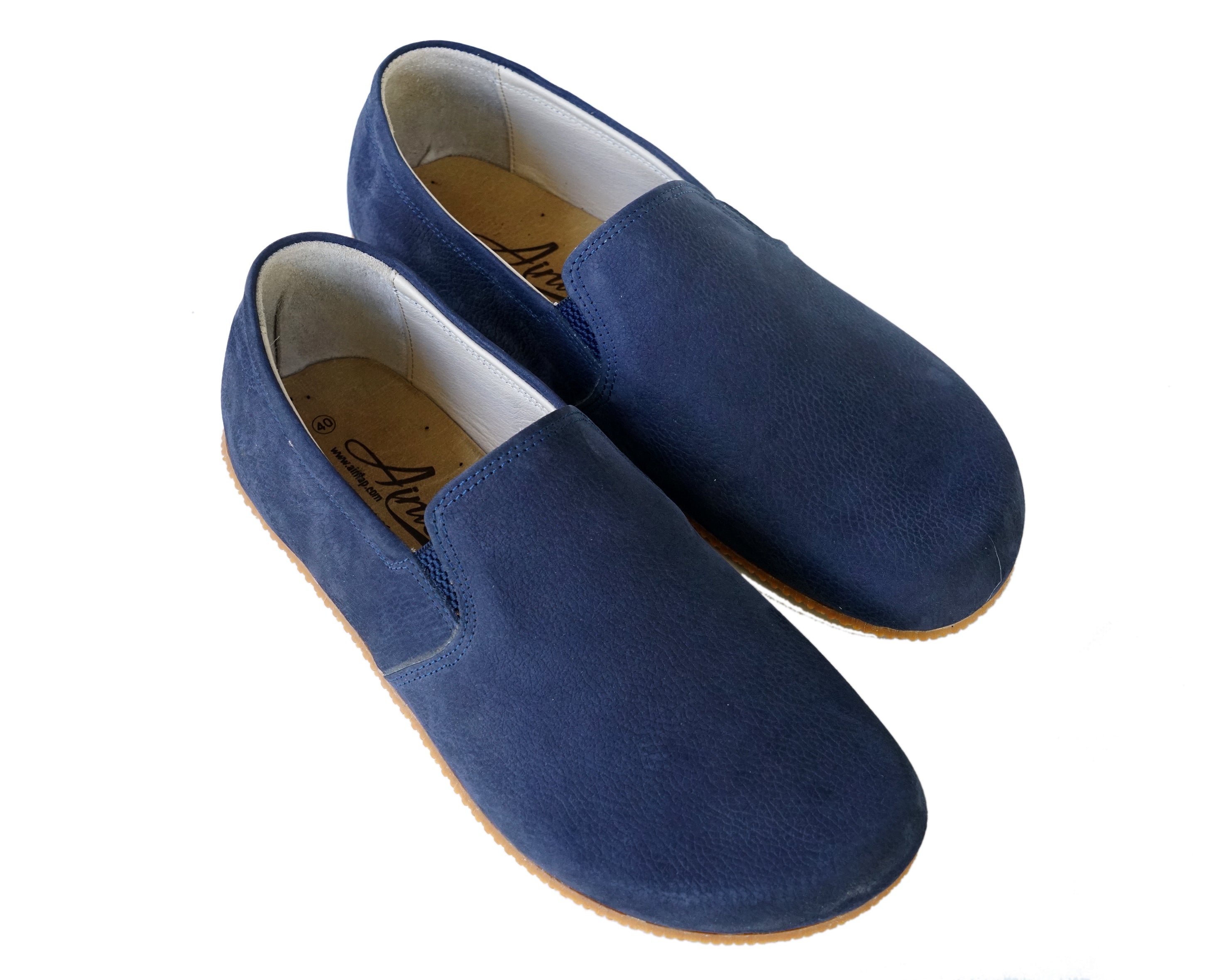 Navy Blue Slip-On Wide Barefoot Shoes Nubuck Leather Handmade 4mm Rubber Outsole 
