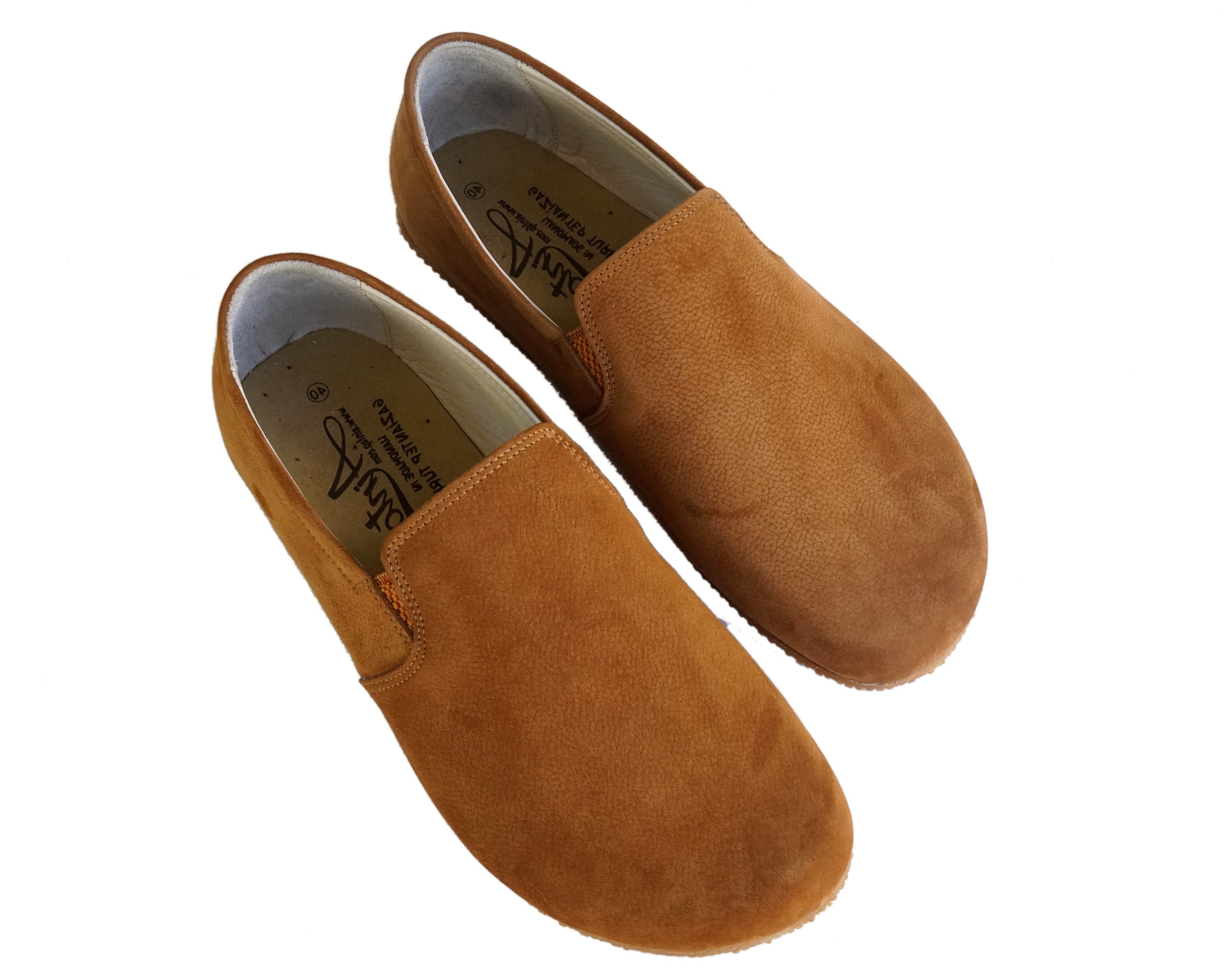 Tan Slip-On Wide Barefoot Shoes Nubuck Leather Handmade 4mm Rubber Outsole 