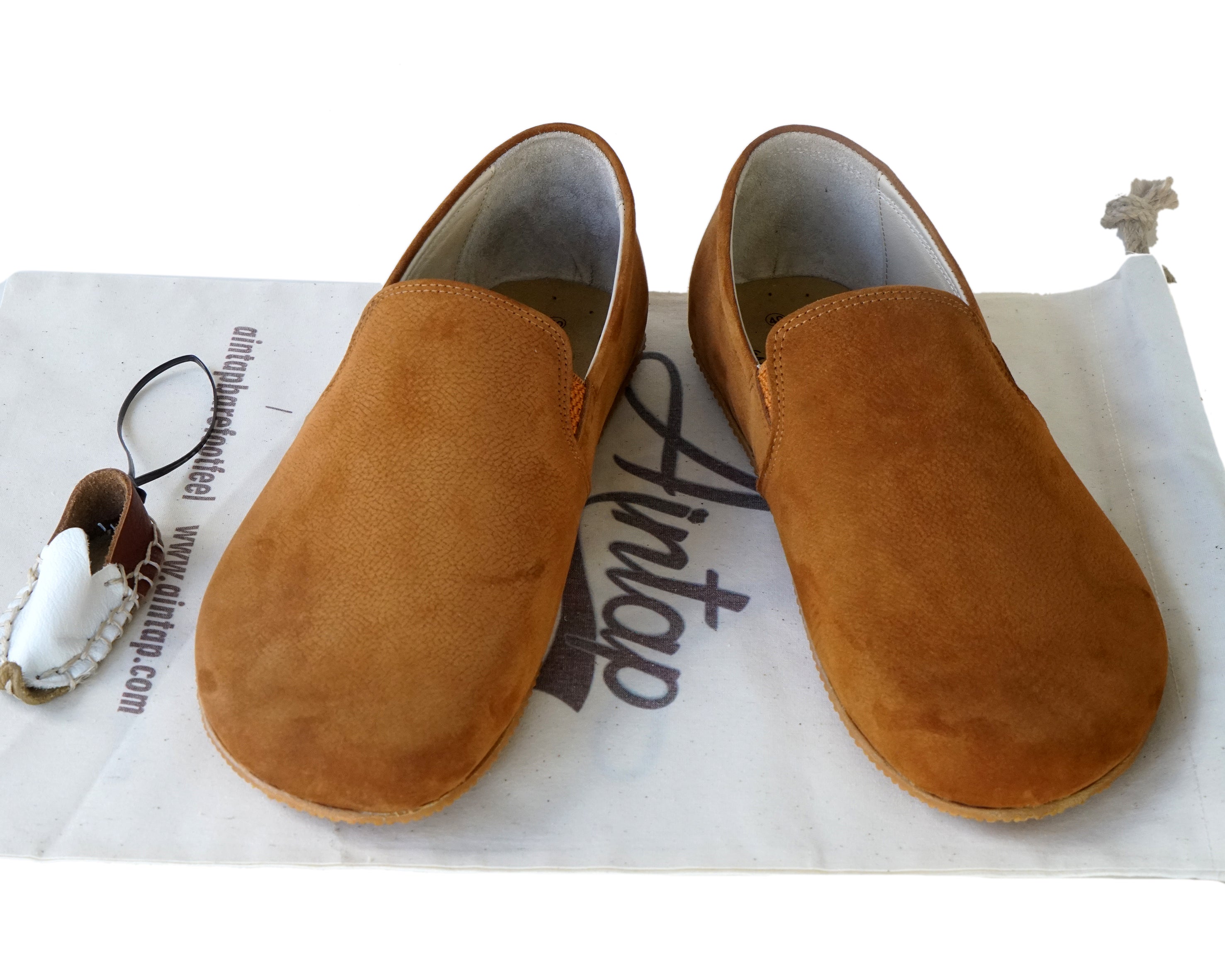Tan Slip-On Wide Barefoot Shoes Nubuck Leather Handmade 4mm Rubber Outsole 