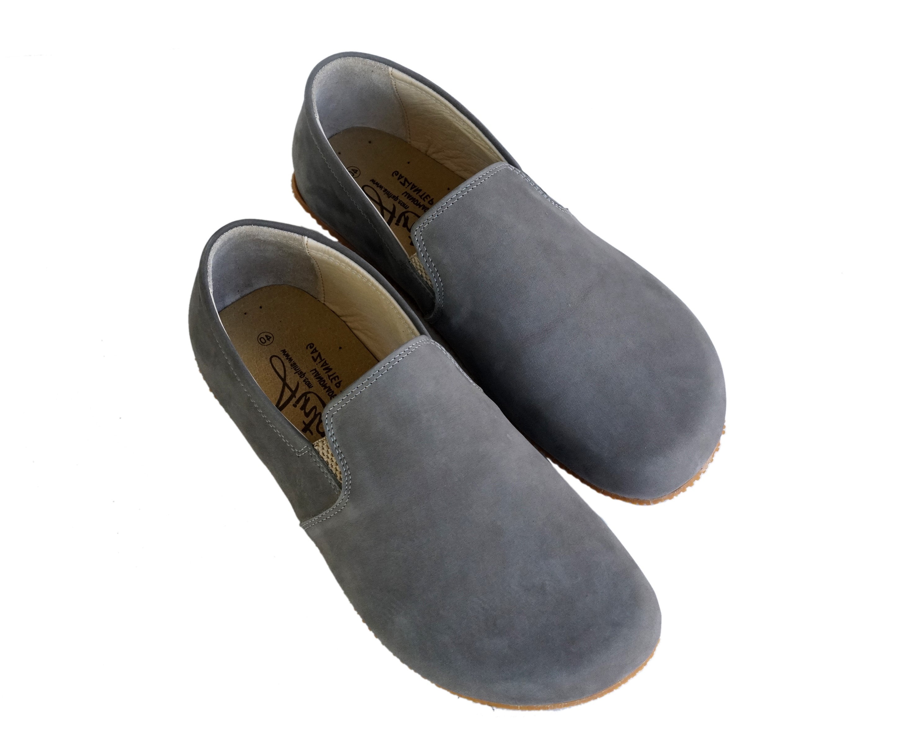 Gray Slip-On Wide Barefoot Shoes Nubuck Leather Handmade 4mm Rubber Outsole 