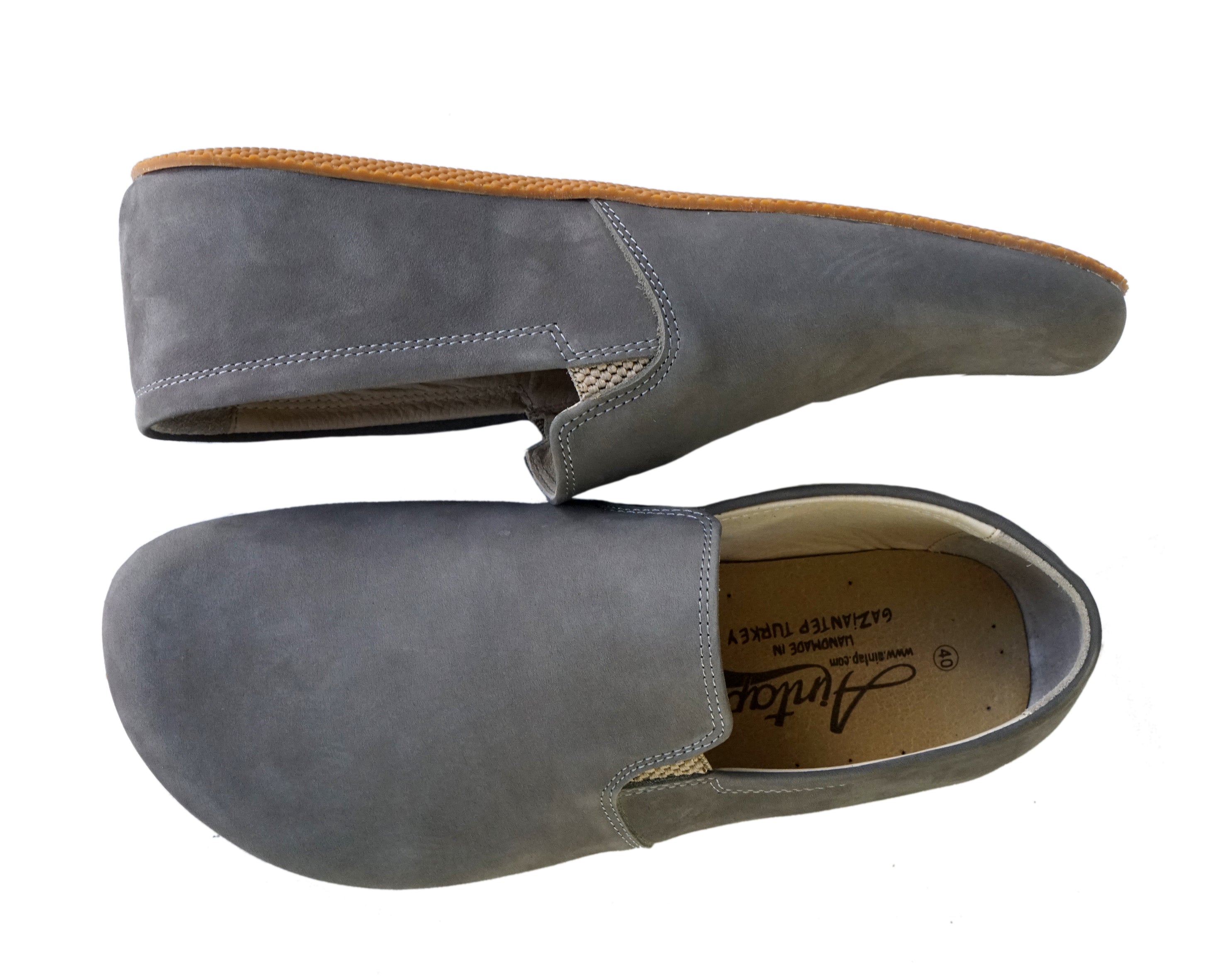 Gray Slip-On Wide Barefoot Shoes Nubuck Leather Handmade 4mm Rubber Outsole