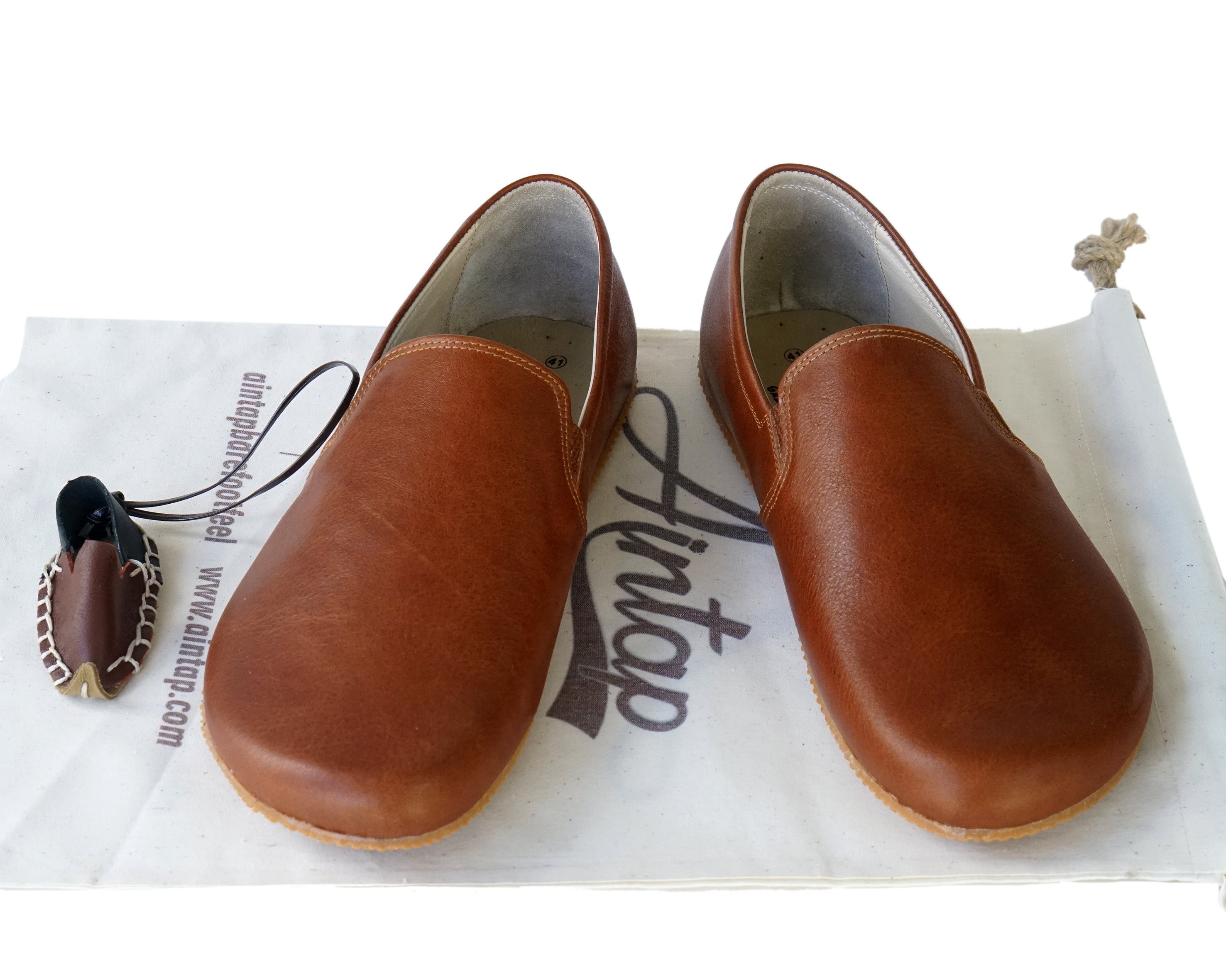 Brown Slip-On Wide Barefoot Shoes Smooth Leather Handmade 4mm Rubber Outsole 