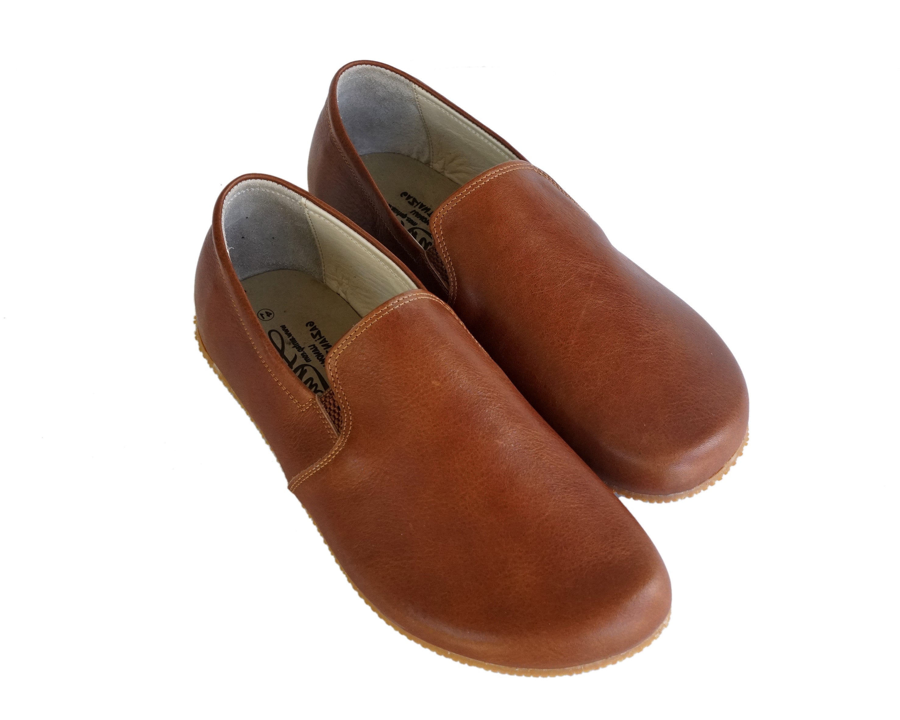 Brown Slip-On Wide Barefoot Shoes Smooth Leather Handmade 4mm Rubber Outsole 
