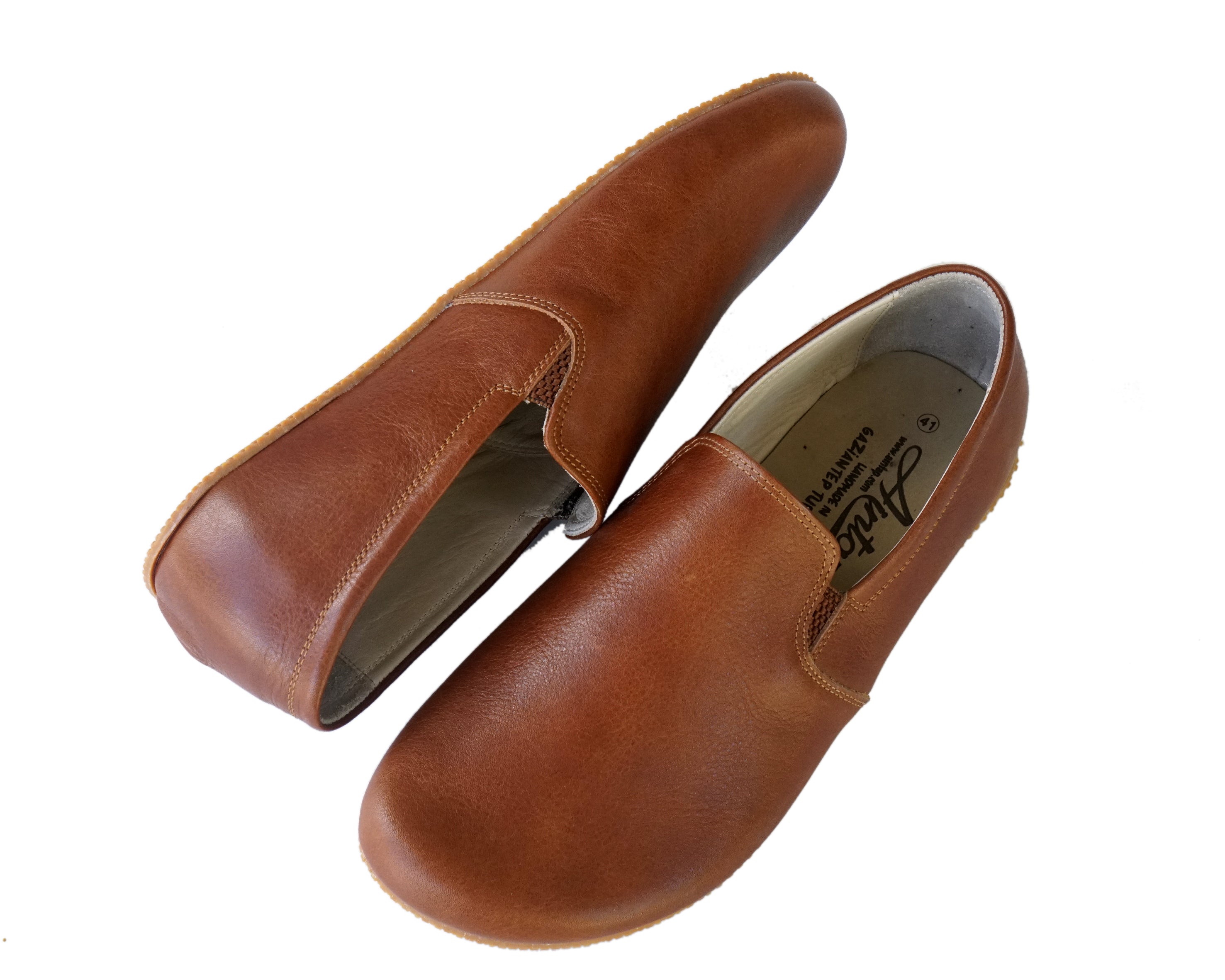 Brown Slip-On Wide Barefoot Shoes Smooth Leather Handmade 4mm Rubber Outsole