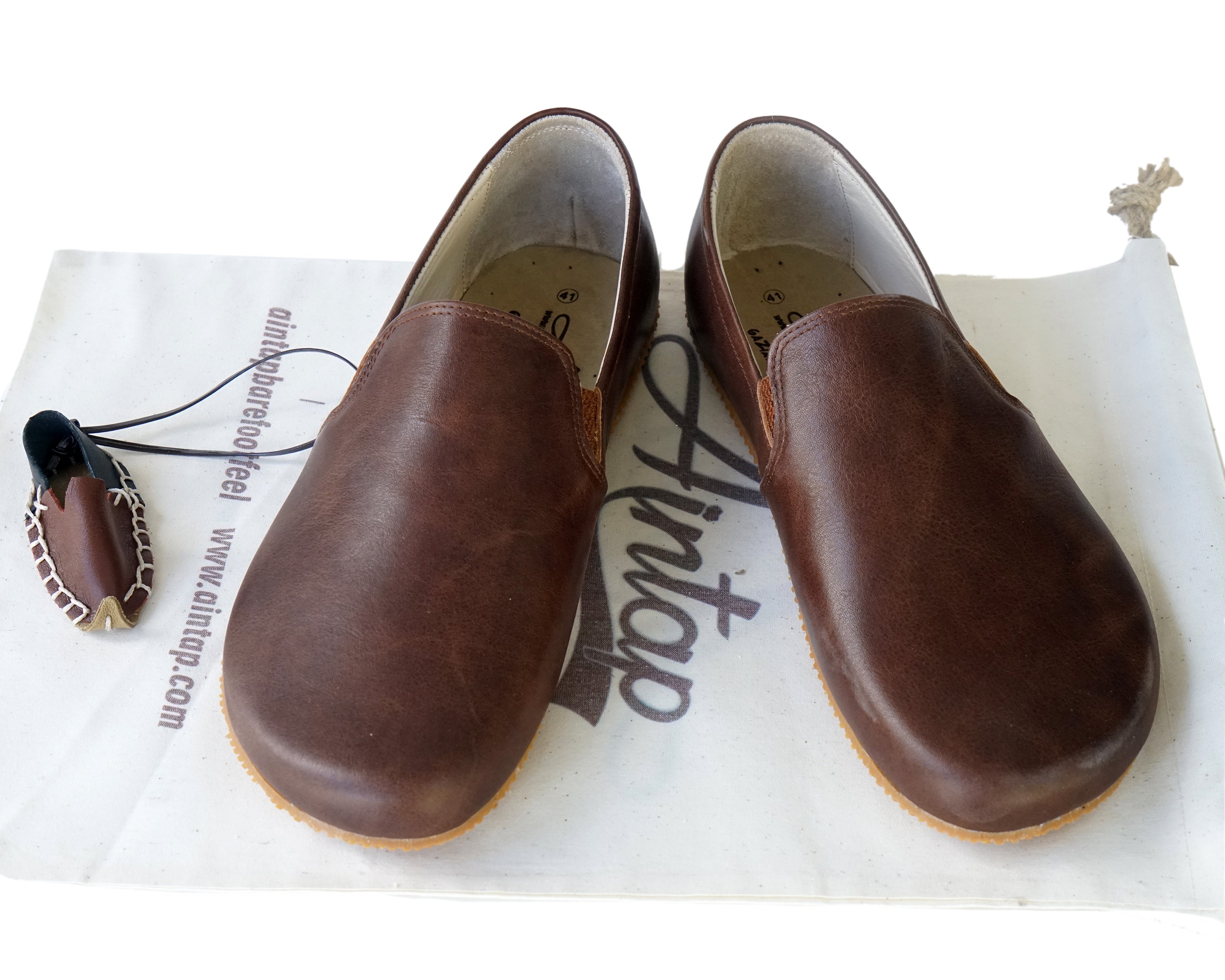 Dark Brown Slip-On Wide Barefoot Shoes Smooth Leather Handmade 4mm Rubber Outsole 