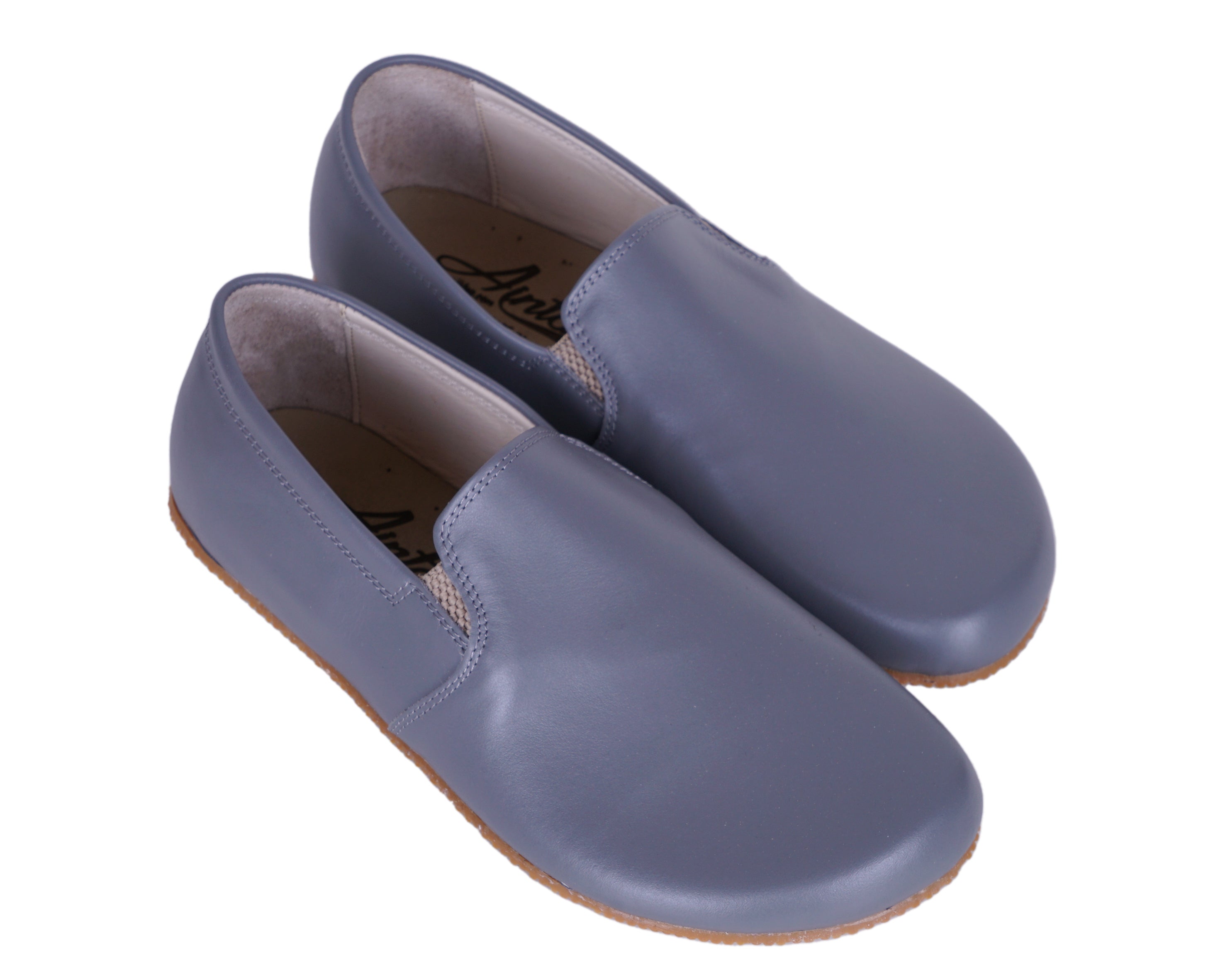 Gray Slip-On Wide Barefoot Shoes Smooth Leather Handmade 4mm Rubber Outsole 
