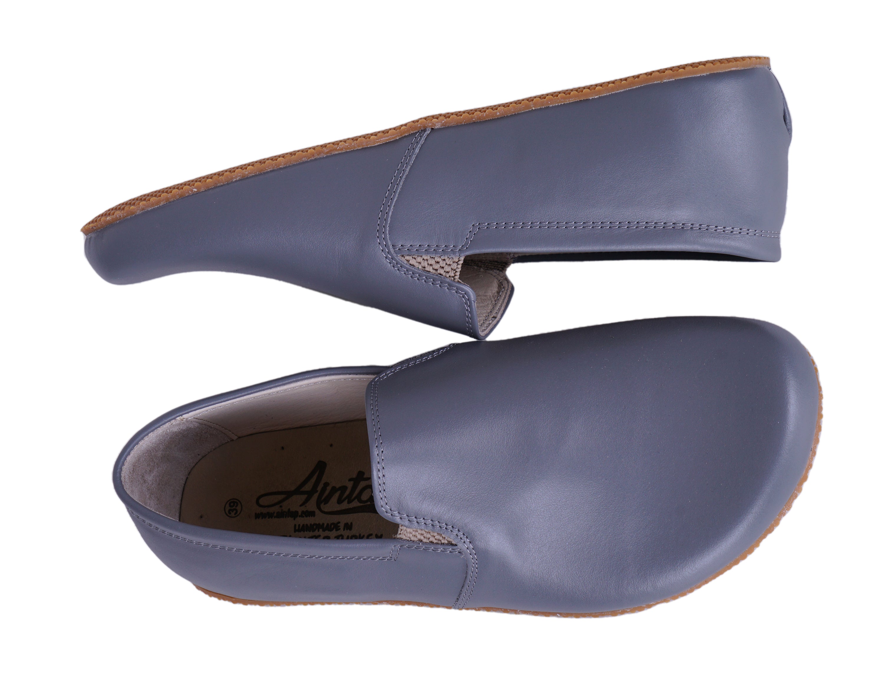 Gray Slip-On Wide Barefoot Shoes Smooth Leather Handmade 4mm Rubber Outsole 