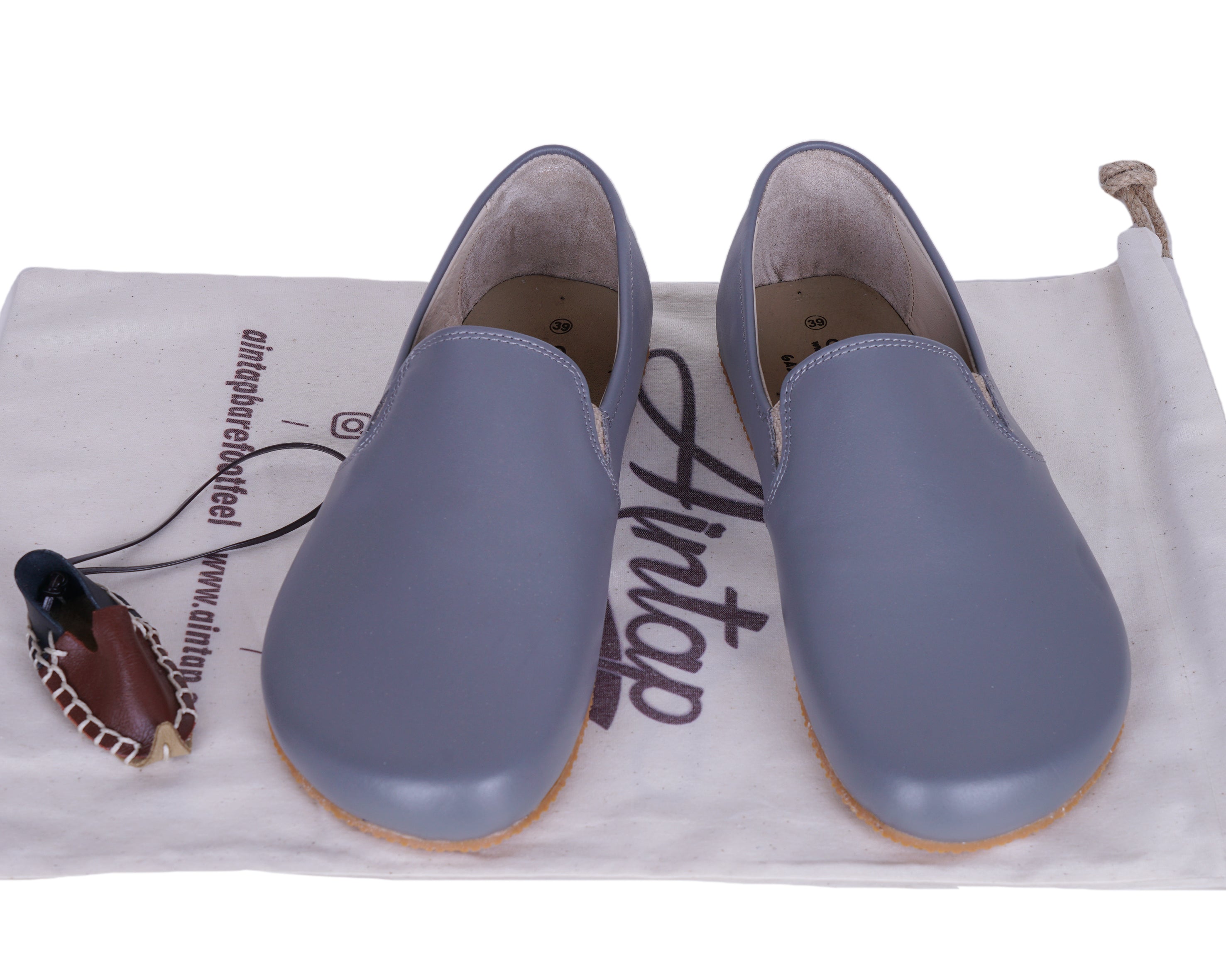 Gray Slip-On Wide Barefoot Shoes Smooth Leather Handmade 4mm Rubber Outsole 