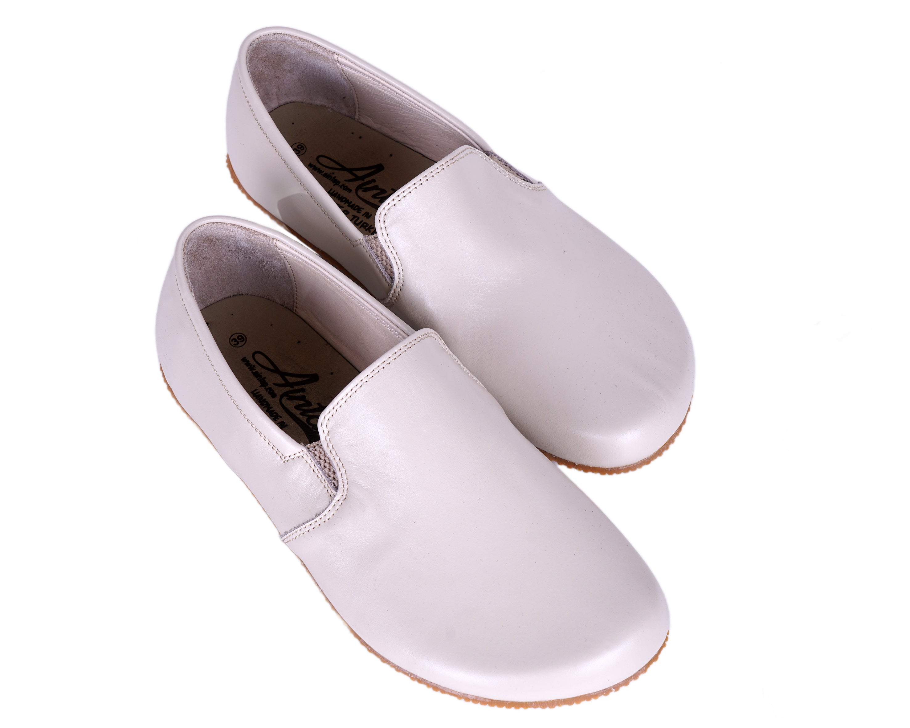 Cream Slip-On Wide Barefoot Shoes Smooth Leather Handmade 4mm Rubber Outsole 