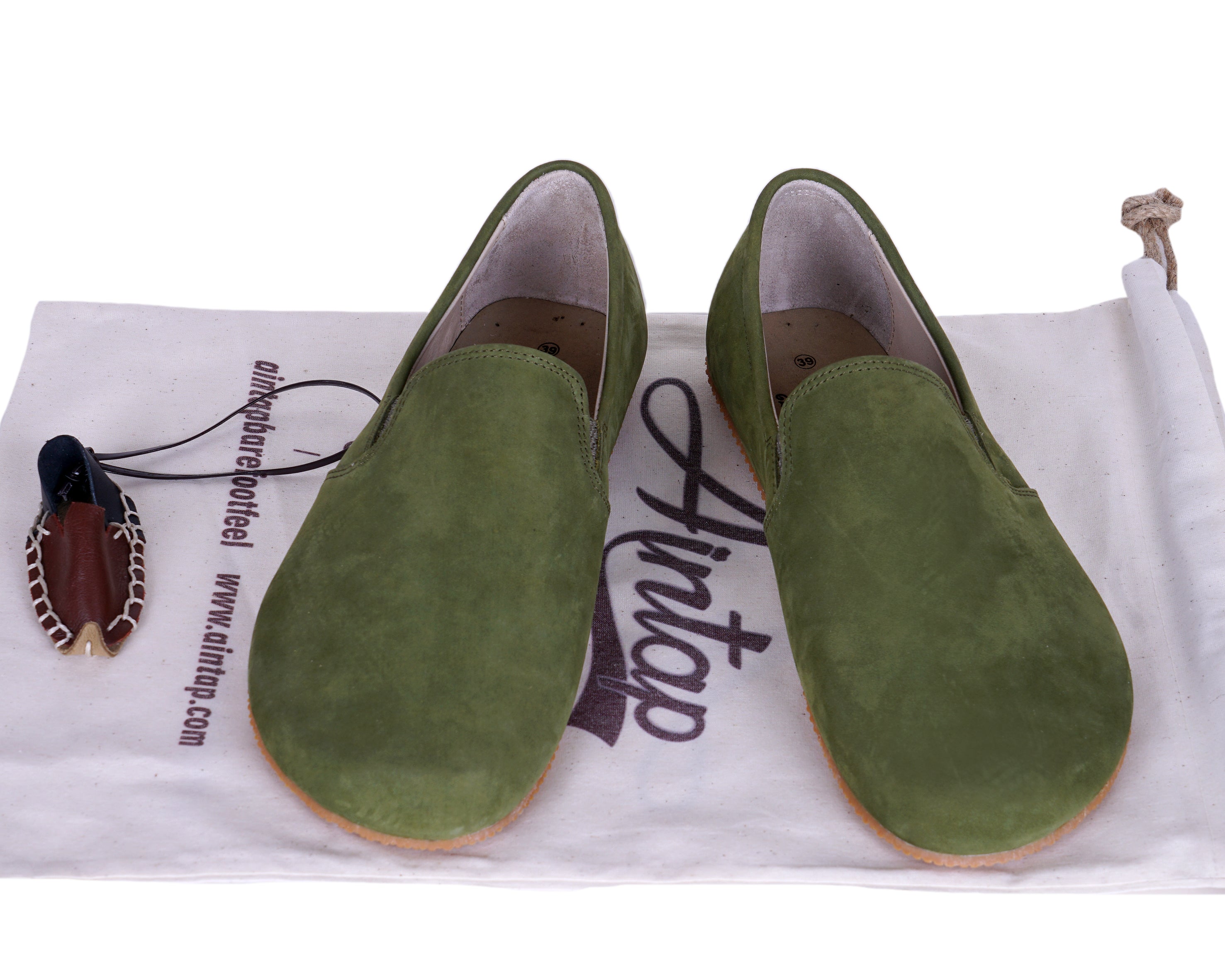Green Slip-On Wide Barefoot Shoes Nubuck Leather Handmade 4mm Rubber Outsole 