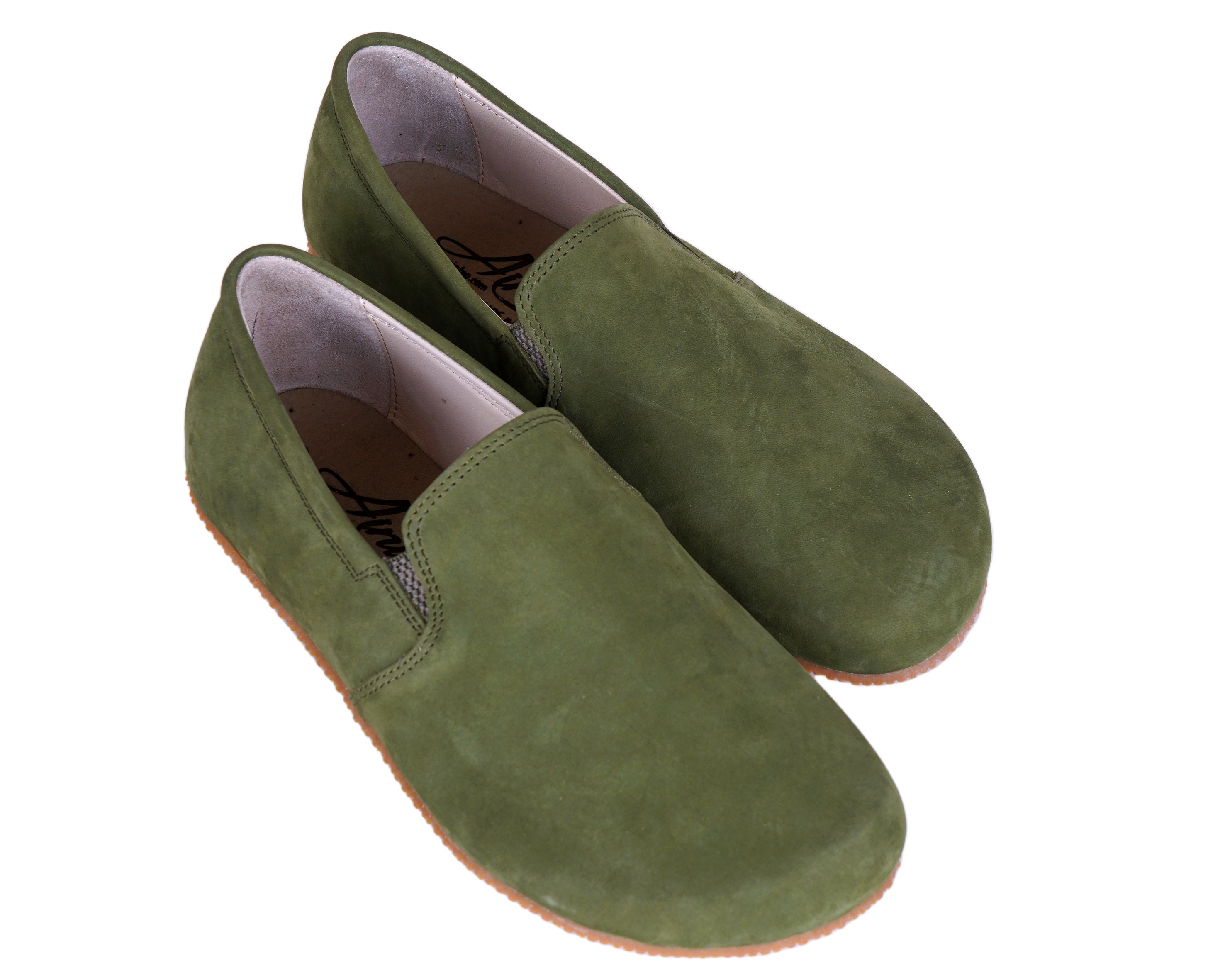 Green Slip-On Wide Barefoot Shoes Nubuck Leather Handmade 4mm Rubber Outsole 
