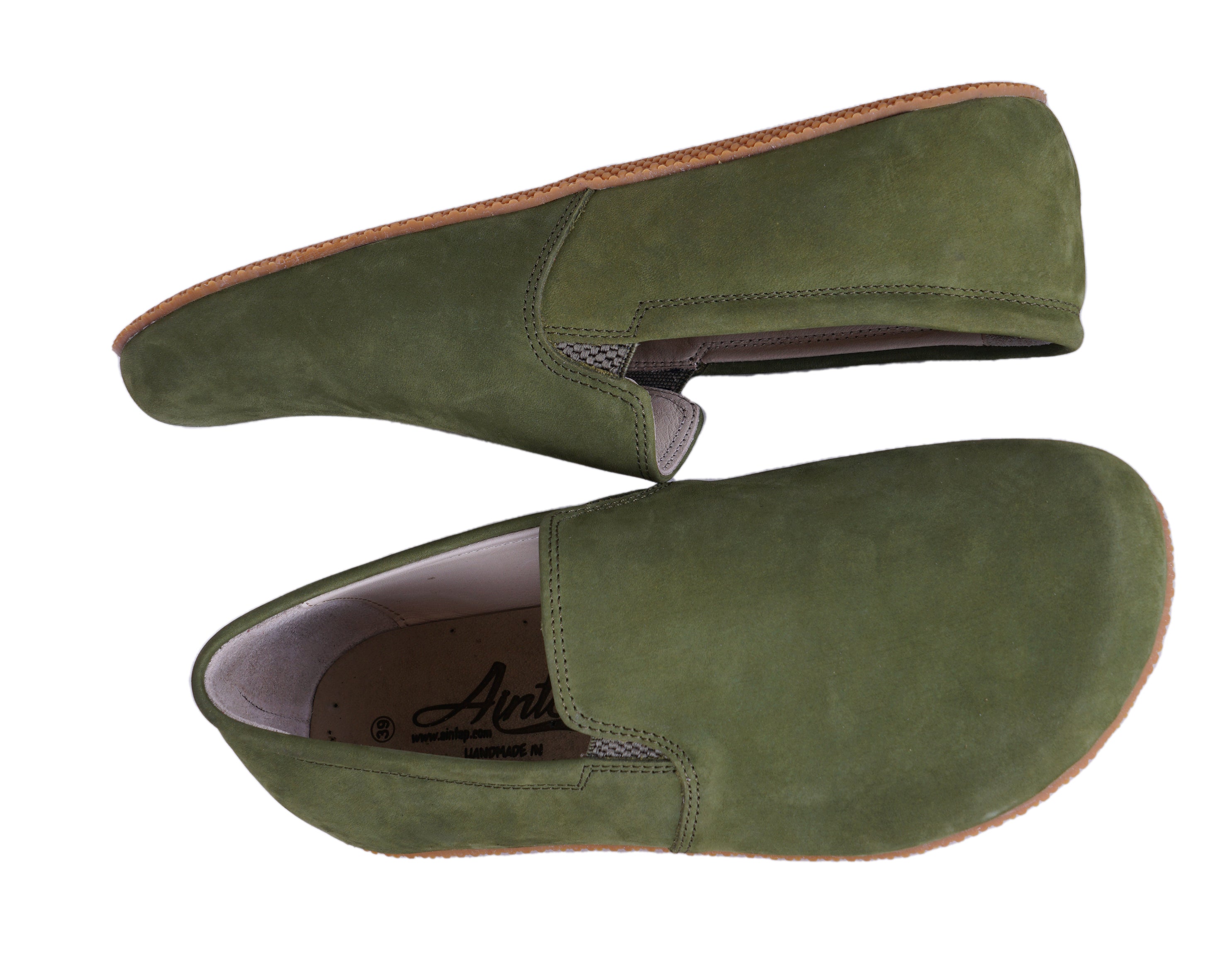 Green Slip-On Wide Barefoot Shoes Nubuck Leather Handmade 4mm Rubber Outsole