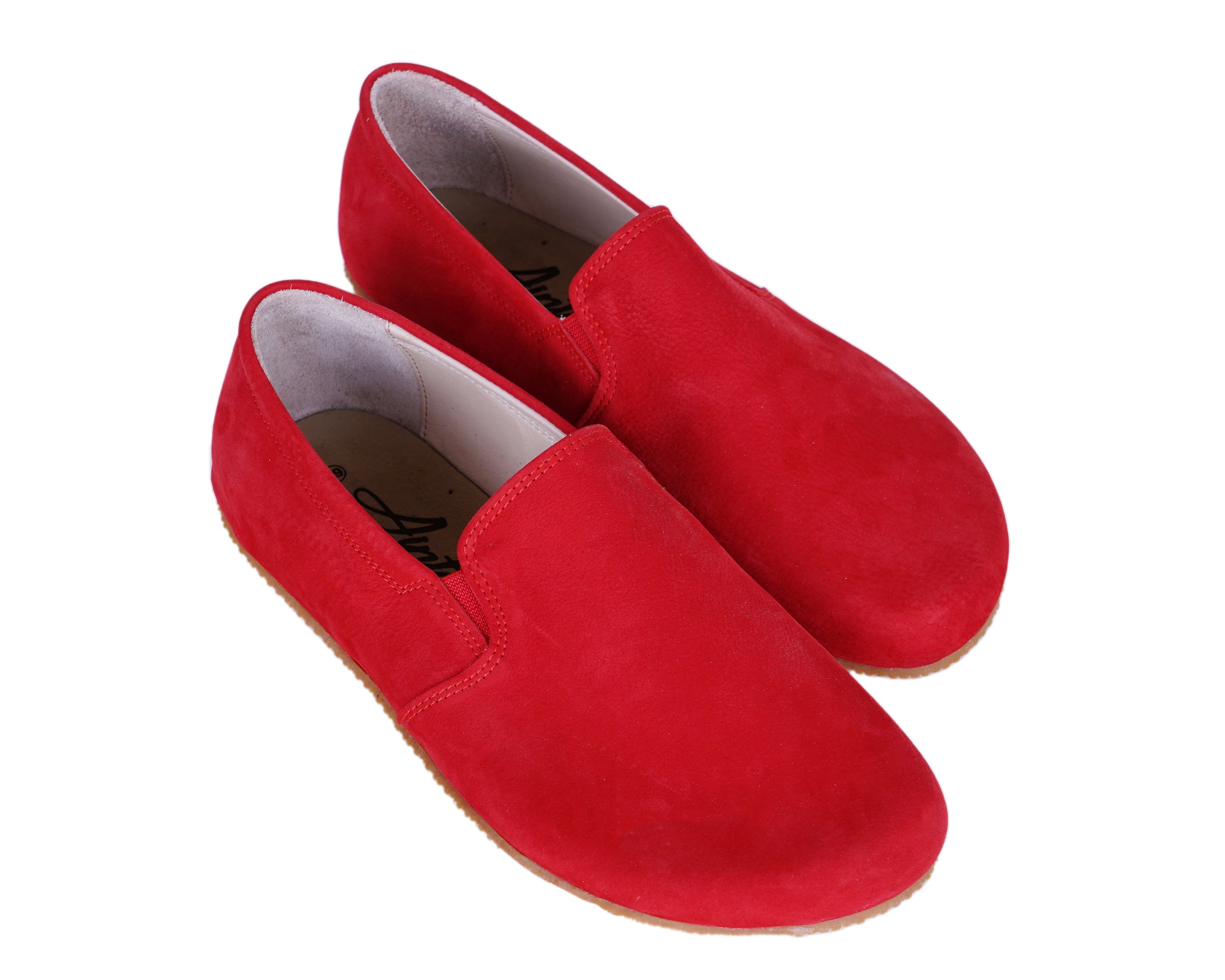 Red Slip-On Wide Barefoot Shoes Nubuck Leather Handmade 4mm Rubber Outsole 