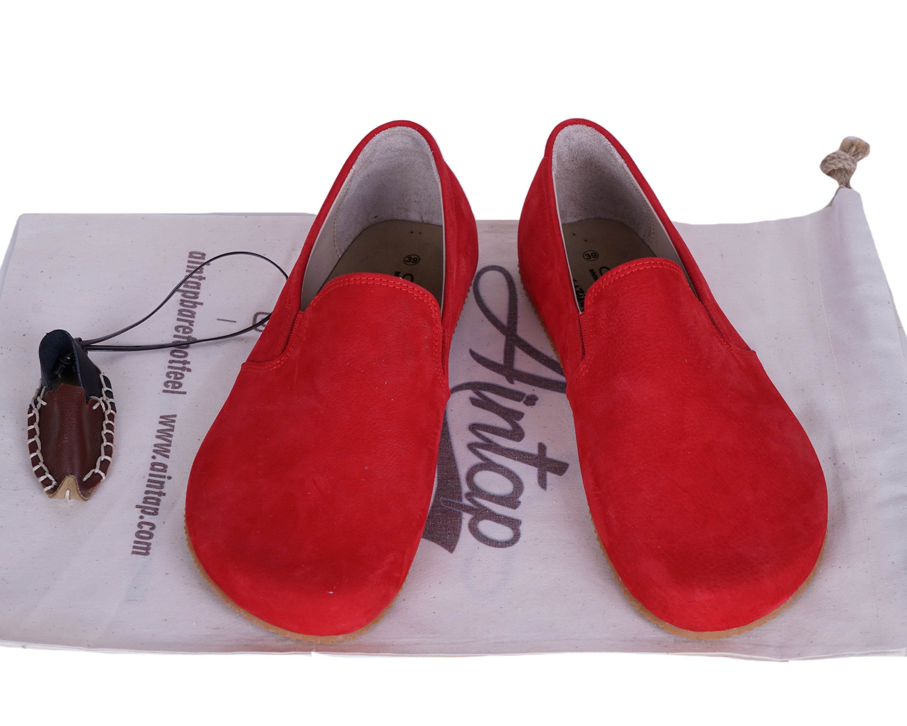 Red Slip-On Wide Barefoot Shoes Nubuck Leather Handmade 4mm Rubber Outsole 