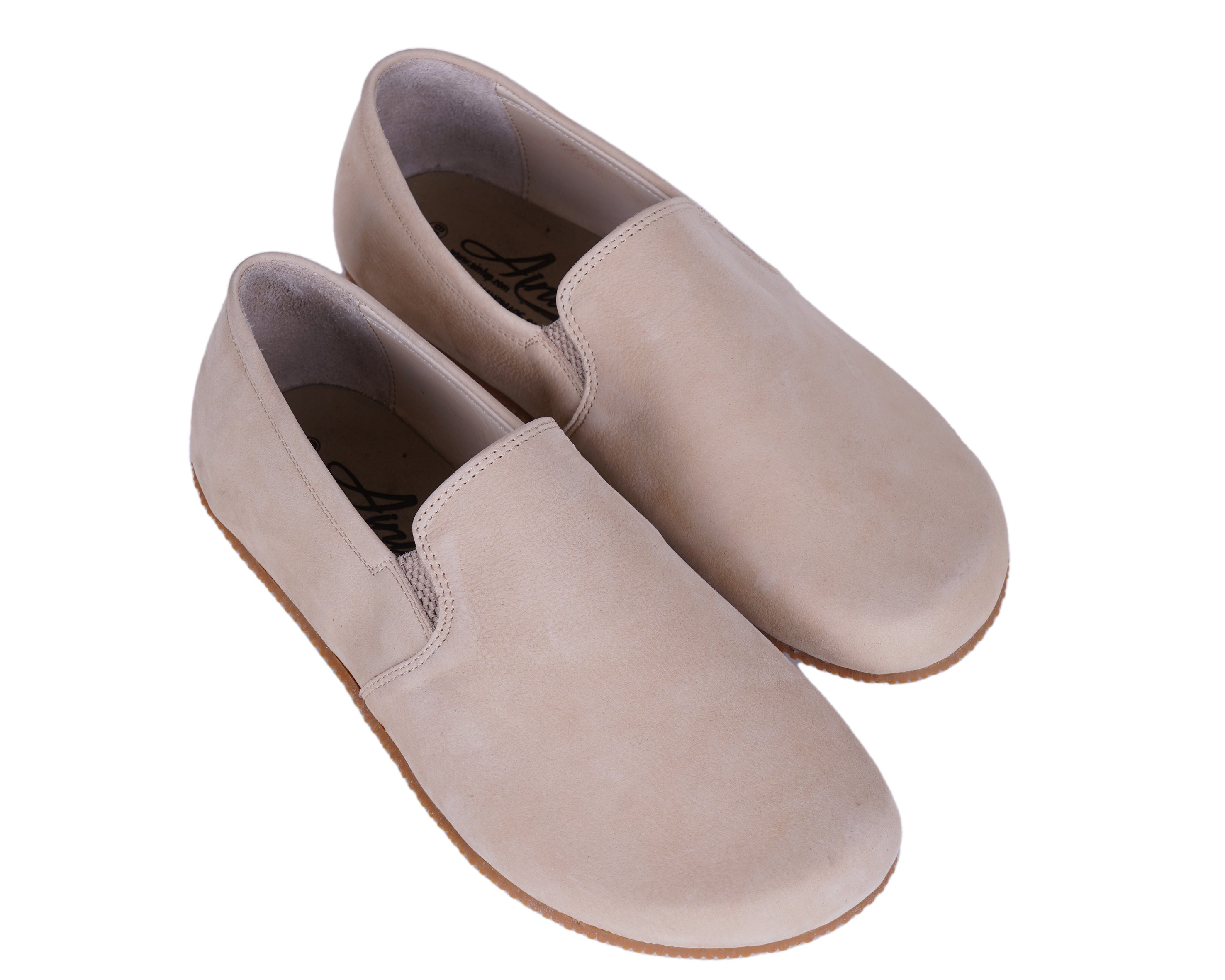 Cream Slip-On Wide Barefoot Shoes Nubuck Leather Handmade 4mm Rubber Outsole 