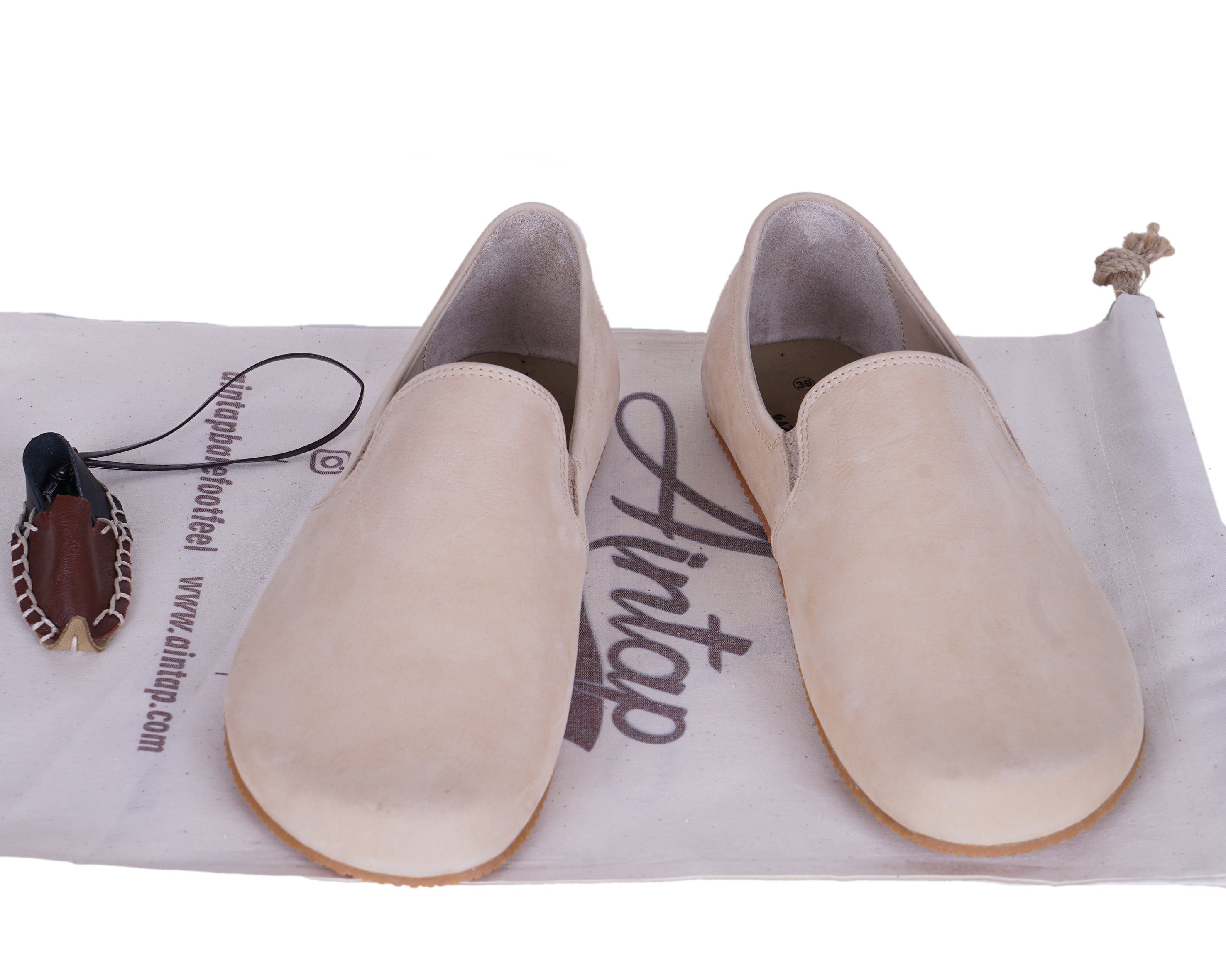 Cream Slip-On Wide Barefoot Shoes Nubuck Leather Handmade 4mm Rubber Outsole 