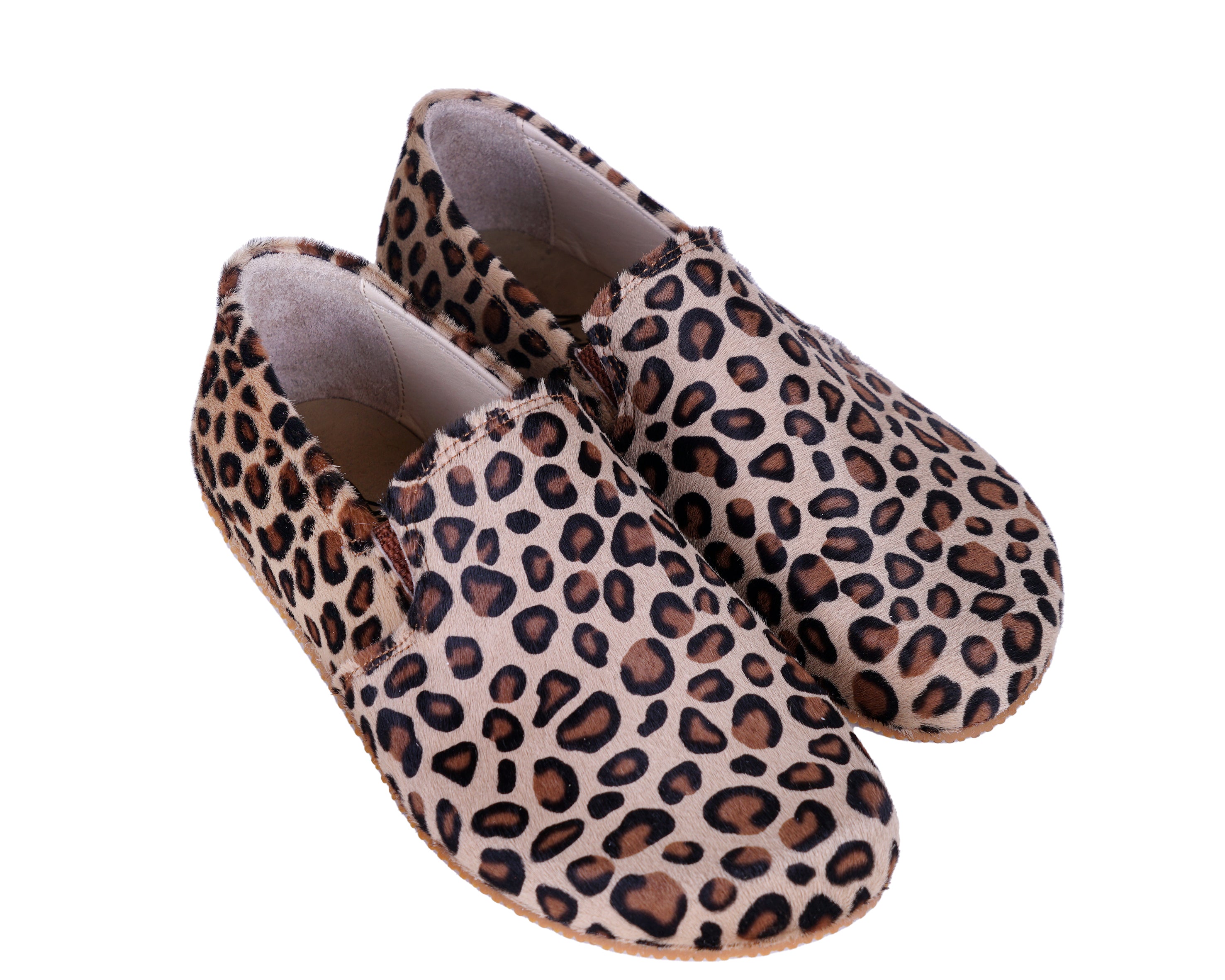 Leopard Slip-On Wide Barefoot Shoes Smooth Leather Handmade 4mm Rubber Outsole