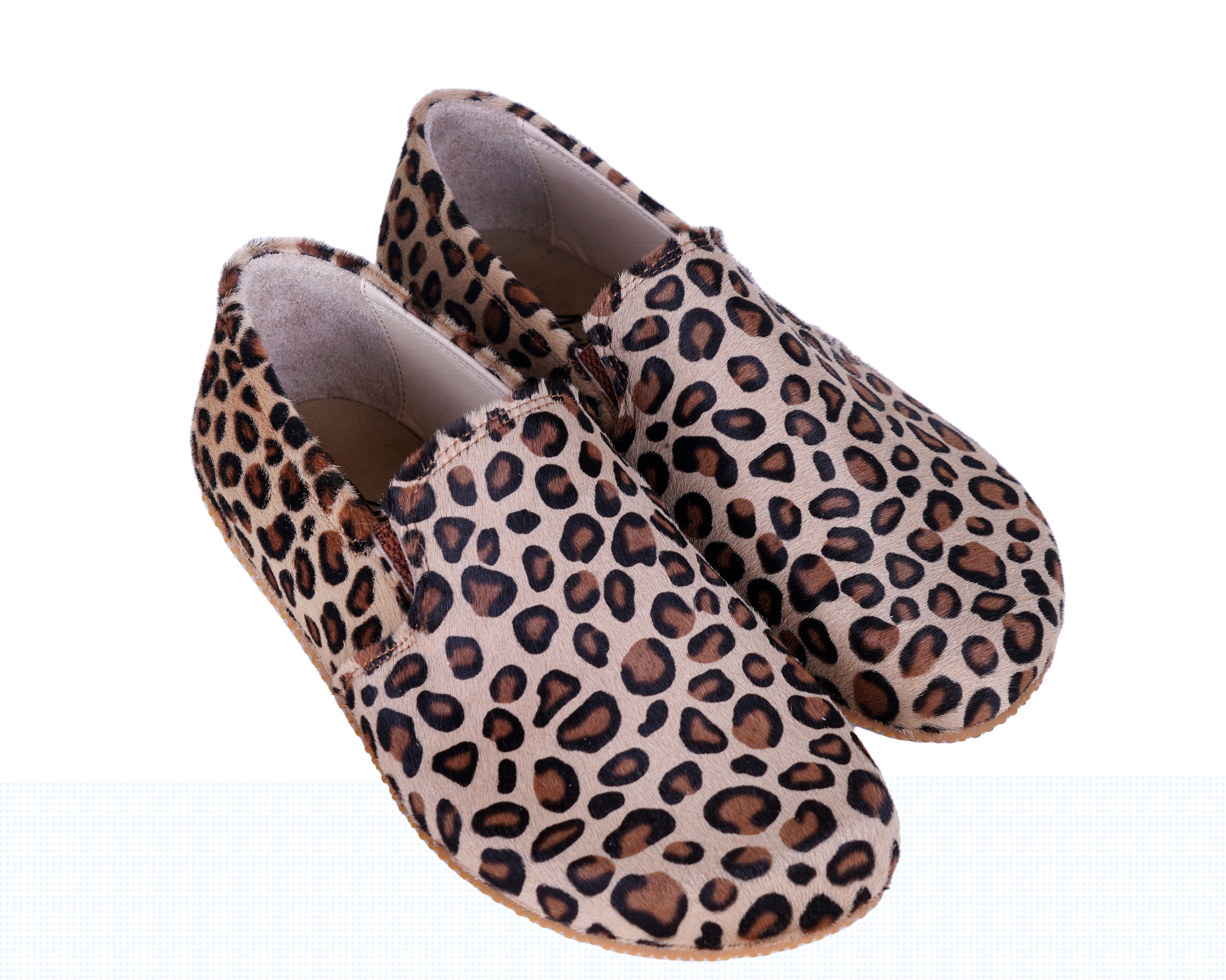 Leopard Slip-On Wide Barefoot Shoes Smooth Leather Handmade 4mm Rubber Outsole 