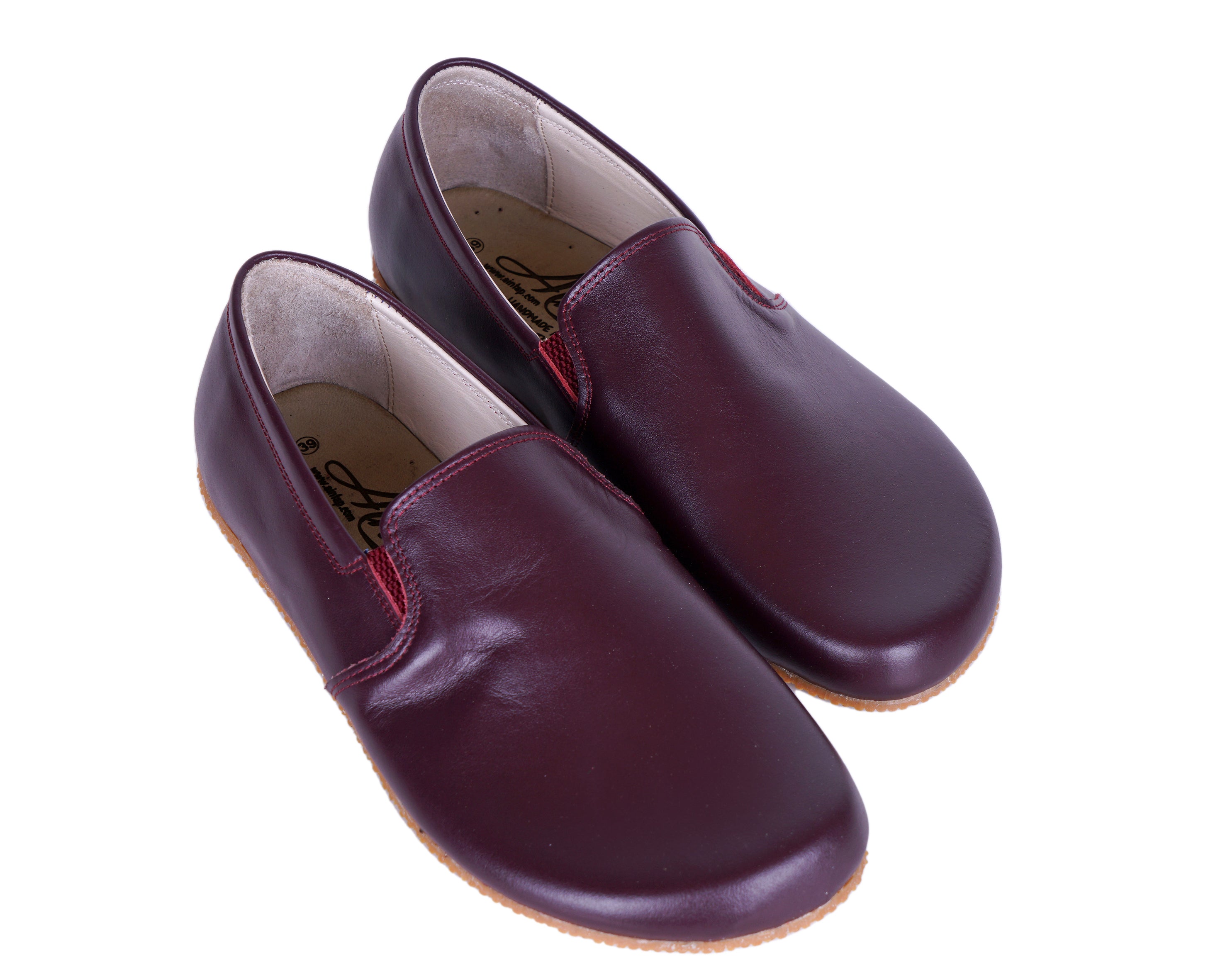 Burgundy Slip-On Wide Barefoot Shoes Smooth Leather Handmade 4mm Rubber Outsole