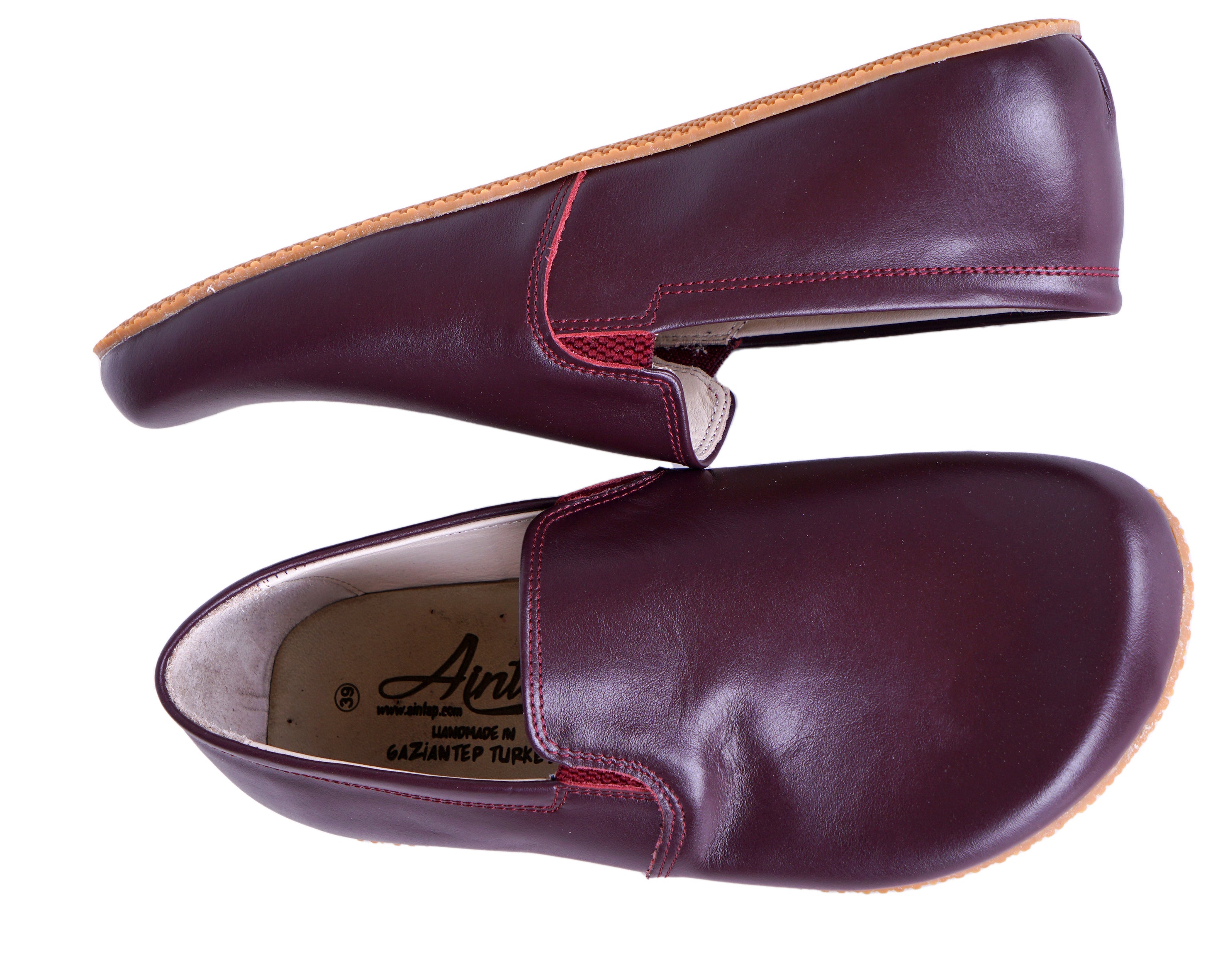 Burgundy Slip-On Wide Barefoot Shoes Smooth Leather Handmade 4mm Rubber Outsole