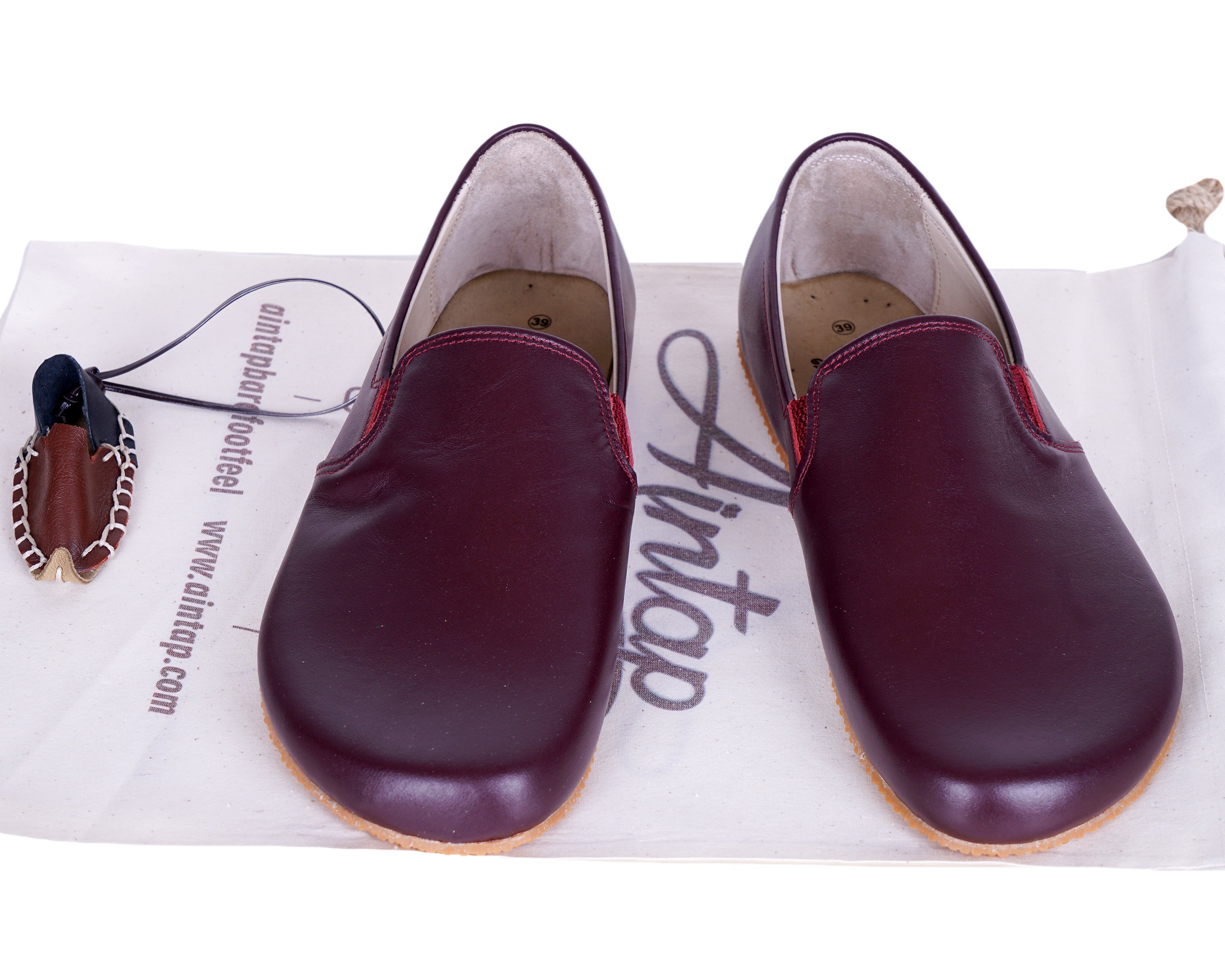 Burgundy Slip-On Wide Barefoot Shoes Smooth Leather Handmade 4mm Rubber Outsole 