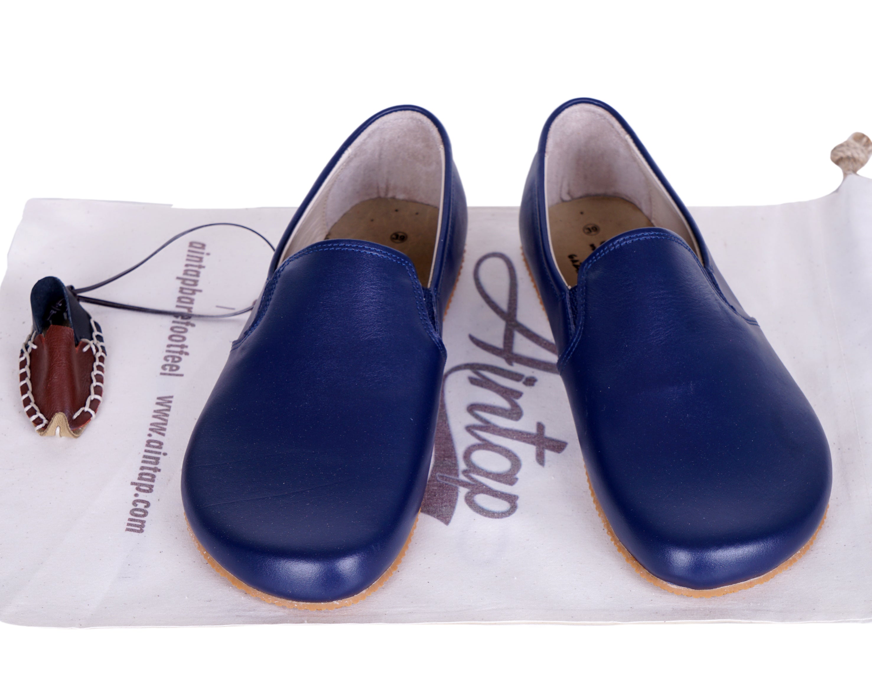 Navy Blue Slip-On Wide Barefoot Shoes Smooth Leather Handmade 4mm Rubber Outsole 