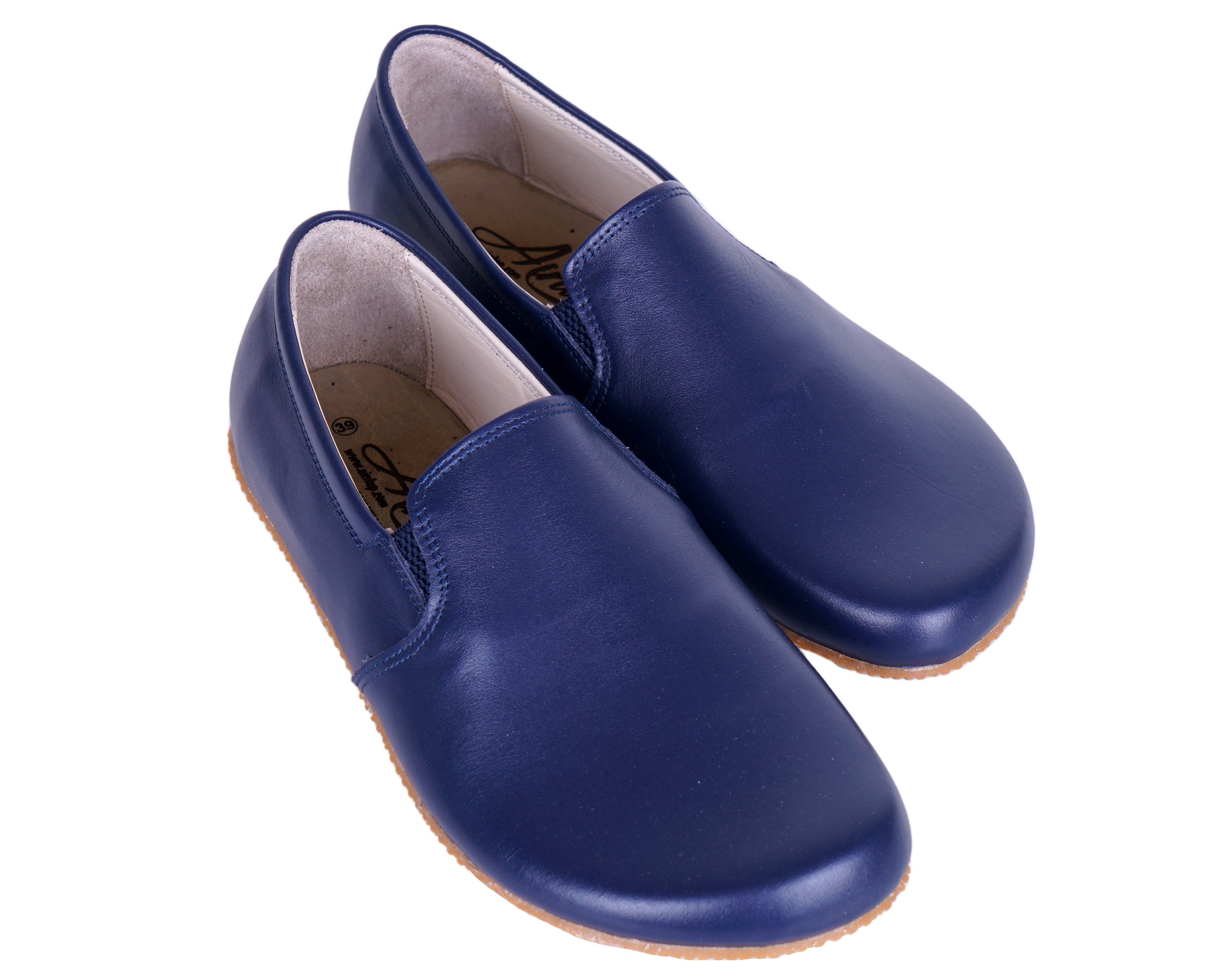 Navy Blue Slip-On Wide Barefoot Shoes Smooth Leather Handmade 4mm Rubber Outsole 