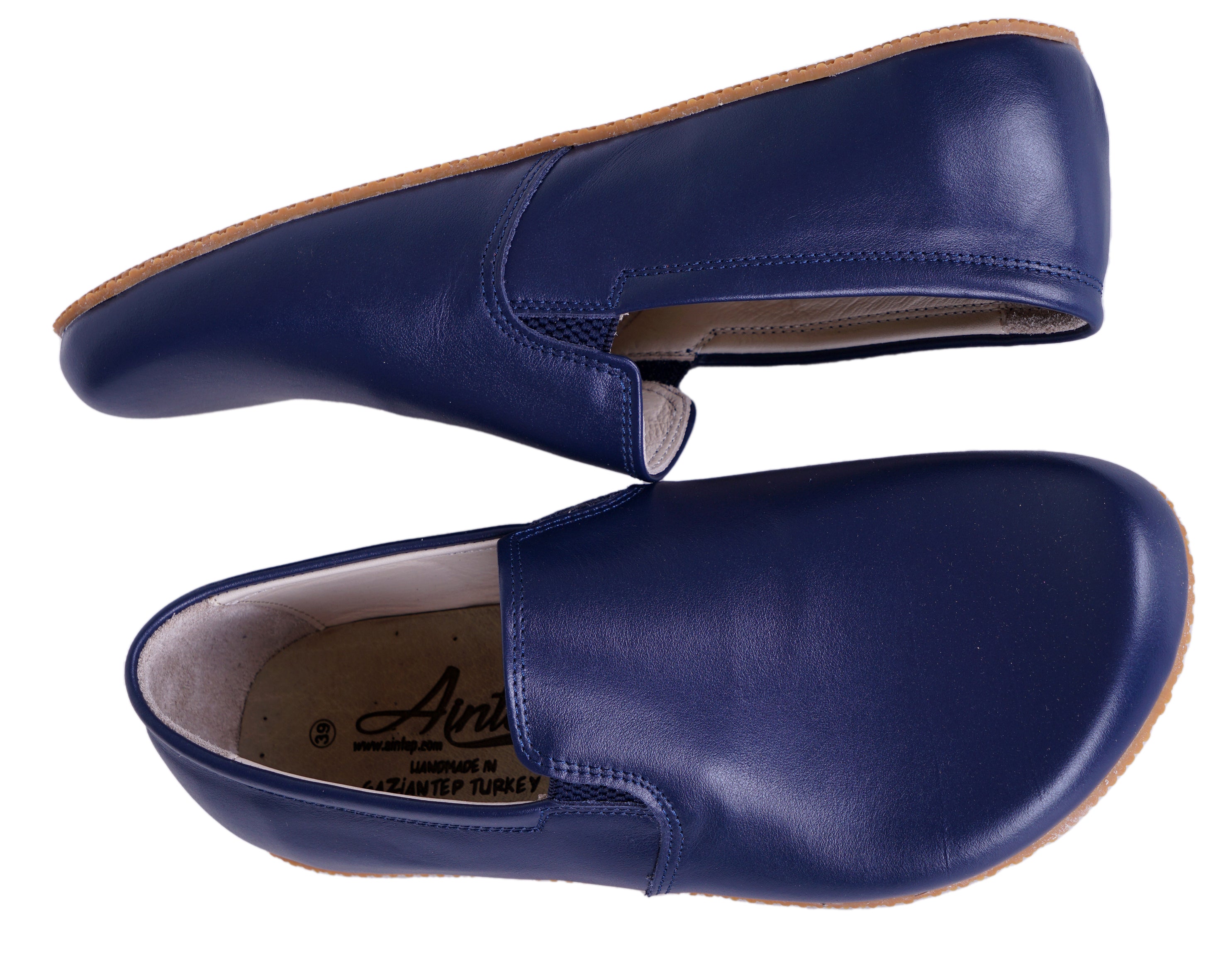 Navy Blue Slip-On Wide Barefoot Shoes Smooth Leather Handmade 4mm Rubber Outsole